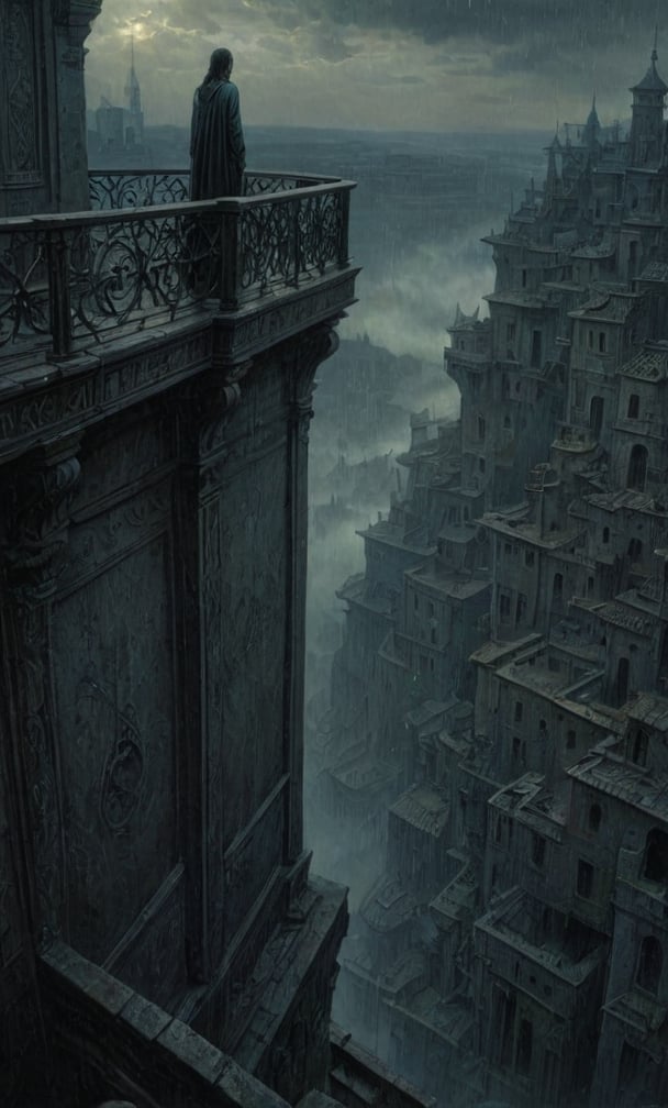  cloudy night, parkor person looking down from on top a giant balcony ,  labyrinth below, , a strong fog  is seen overtaking the labyrinthbelow casting shadows, blackness, dark clouds, night time, art by ZdzisLaw Beksinski, sharp focus, high quality, 4k high resolution, dagobahlnd, art by ZdzisLaw Beksinski,
sharp focus, high quality, 4k high resolution,
dagobahlnd 