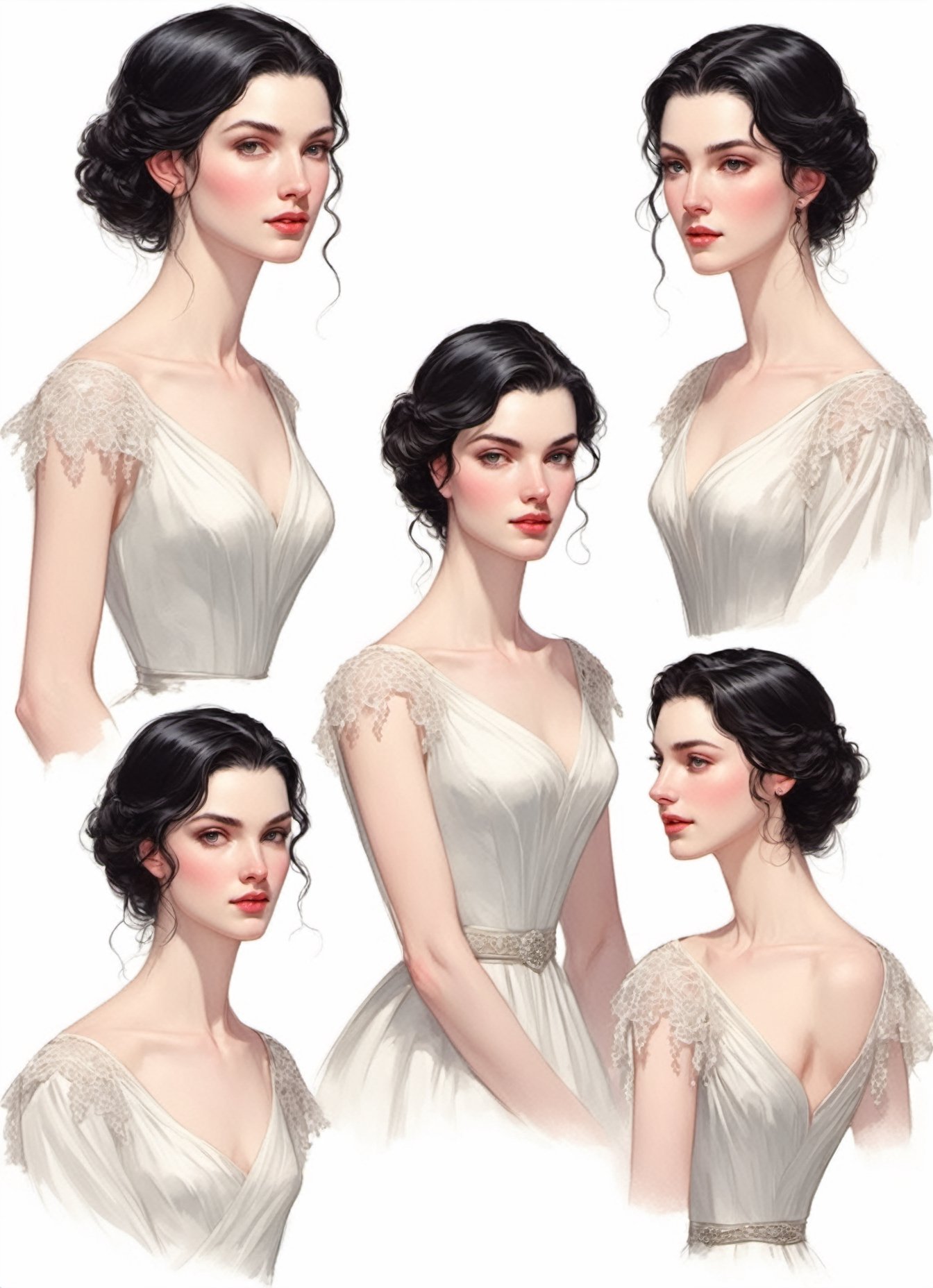 
illustration by Mitchell Hooks, CharacterSheet, white pale skin Niamh Algar , tall 6 feet and elegant, , slightly raised eyebrows, (((delicate facial features))), short flowing black hair, with a natural sheen, Multiple poses, (((side full body))), varieties expressions, Highly detailed, multiple views, photorealistic
 