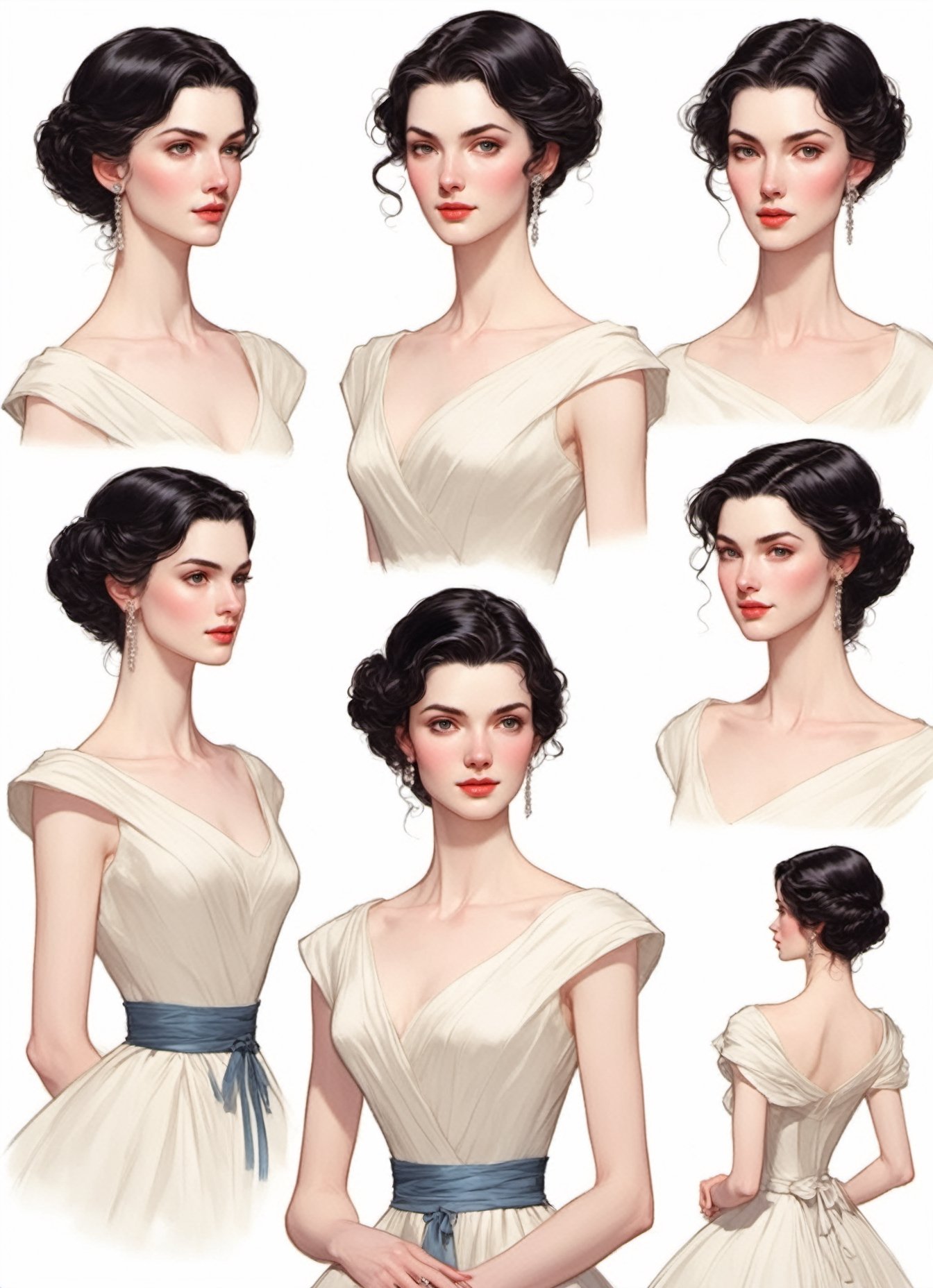 
illustration by Mitchell Hooks, CharacterSheet, white pale skin Niamh Algar , tall 6 feet and elegant, , slightly raised eyebrows, (((delicate facial features))), short flowing black hair, with a natural sheen, Multiple poses, (((side full body))), varieties expressions, Highly detailed, multiple views, photorealistic
 