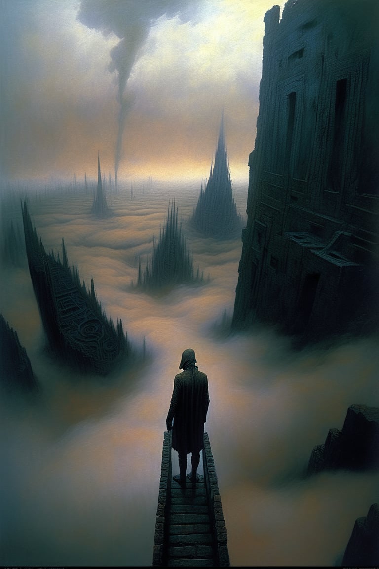  cloudy night, parkor person looking down from on top a giant balcony ,  labyrinth below, , a strong fog  is seen overtaking the labyrinthbelow casting shadows, blackness, dark clouds, night time, art by ZdzisLaw Beksinski, sharp focus, high quality, 4k high resolution, dagobahlnd, art by ZdzisLaw Beksinski,
sharp focus, high quality, 4k high resolution,
dagobahlnd 