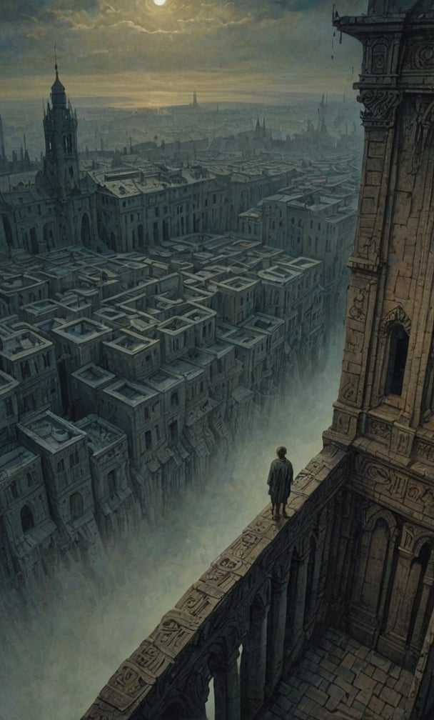  cloudy night, parkor person looking down from on top a giant balcony ,  labyrinth below, , a strong fog  is seen overtaking the labyrinthbelow casting shadows, blackness, dark clouds, night time, art by ZdzisLaw Beksinski, sharp focus, high quality, 4k high resolution, dagobahlnd, art by ZdzisLaw Beksinski,
sharp focus, high quality, 4k high resolution,
dagobahlnd 