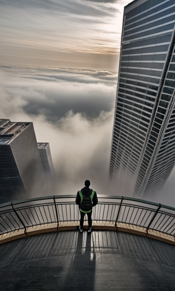 cloudy day, parkor person looking down at the street from balcony on top a giant sky scraper , looking down at streets bekbelo, , a strong fog near the building is seen overtaking the street below  casting shadows, darkend sky, dark clouds, night time
posted in mesmerizing 16K resolution