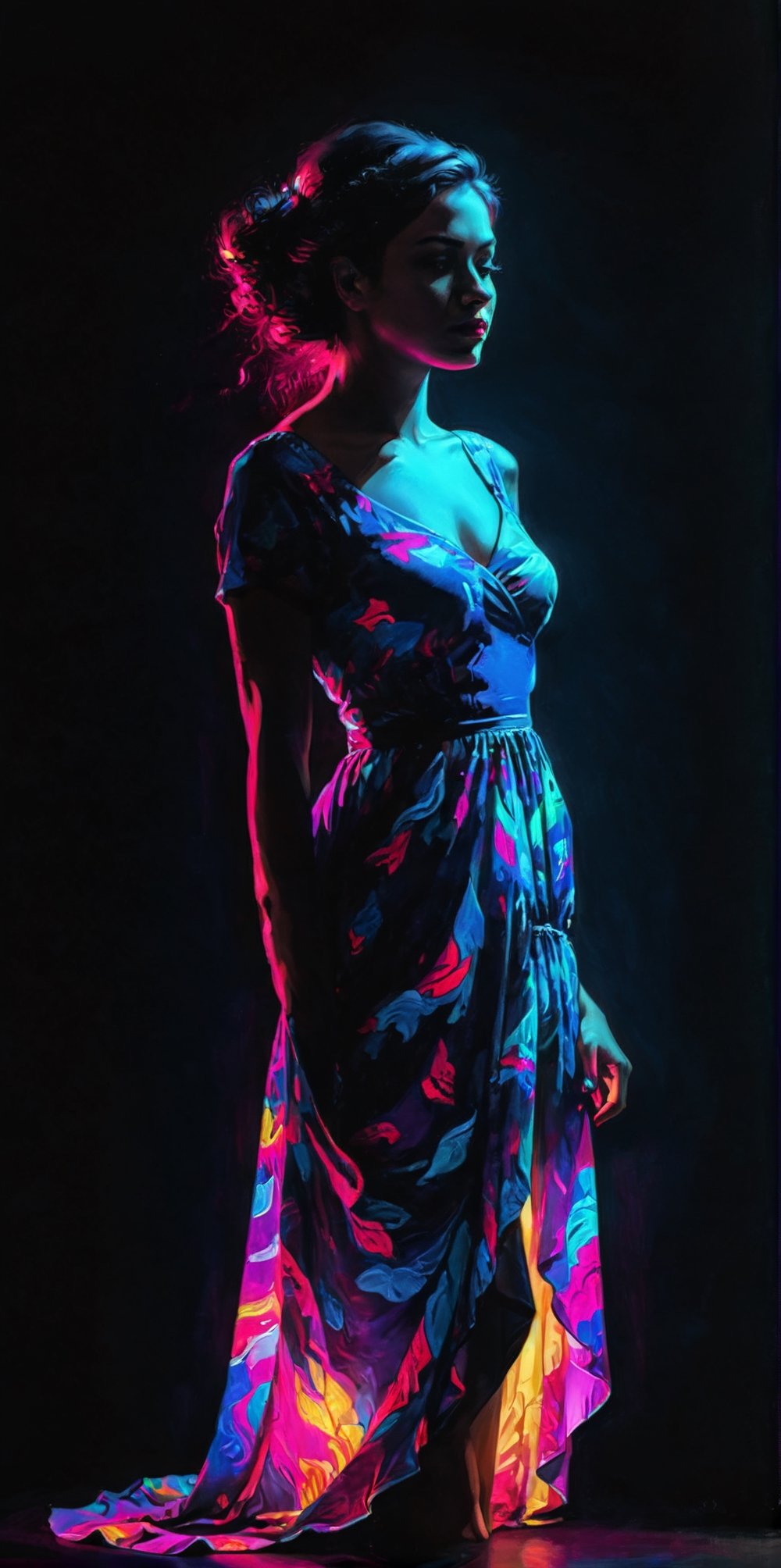 Silhouette of woman , neon light dress illuminates her body in shadow, in the style of coloring book comic, upper body covered in dark shadows, full body, raw hand drawn style, cinematic, photo,(best quality