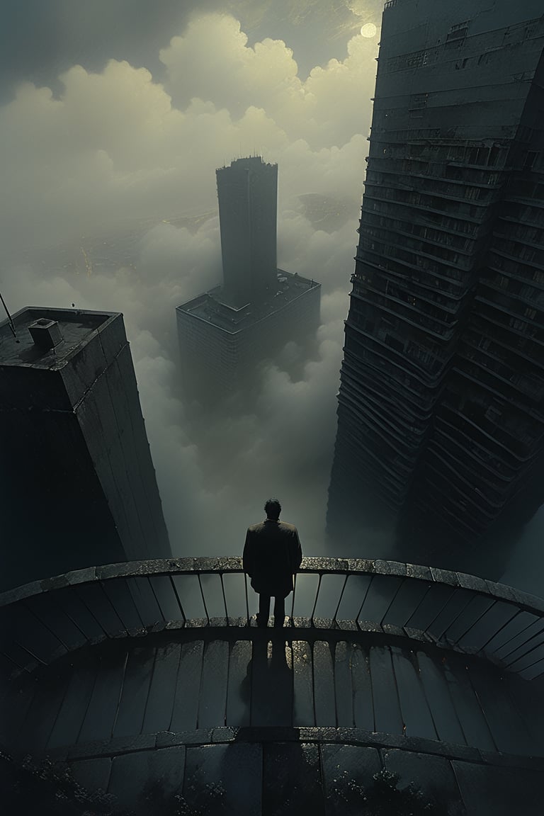  cloudy day, parkor person looking down at the street from balcony on top a giant sky scraper , looking down at streets bekbelo, , a strong fog near the building is seen overtaking the street below casting shadows, black sky, dark clouds, night time, art by ZdzisLaw Beksinski,
sharp focus, high quality, 4k high resolution,
dagobahlnd 