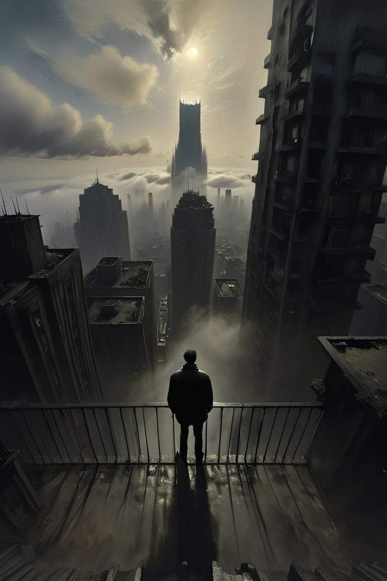  cloudy day, parkor person looking down at the street from balcony on top a giant sky scraper , looking down at streets bekbelo, , a strong fog near the building is seen overtaking the street below casting shadows, black sky, dark clouds, night time, art by ZdzisLaw Beksinski,
sharp focus, high quality, 4k high resolution,
dagobahlnd 