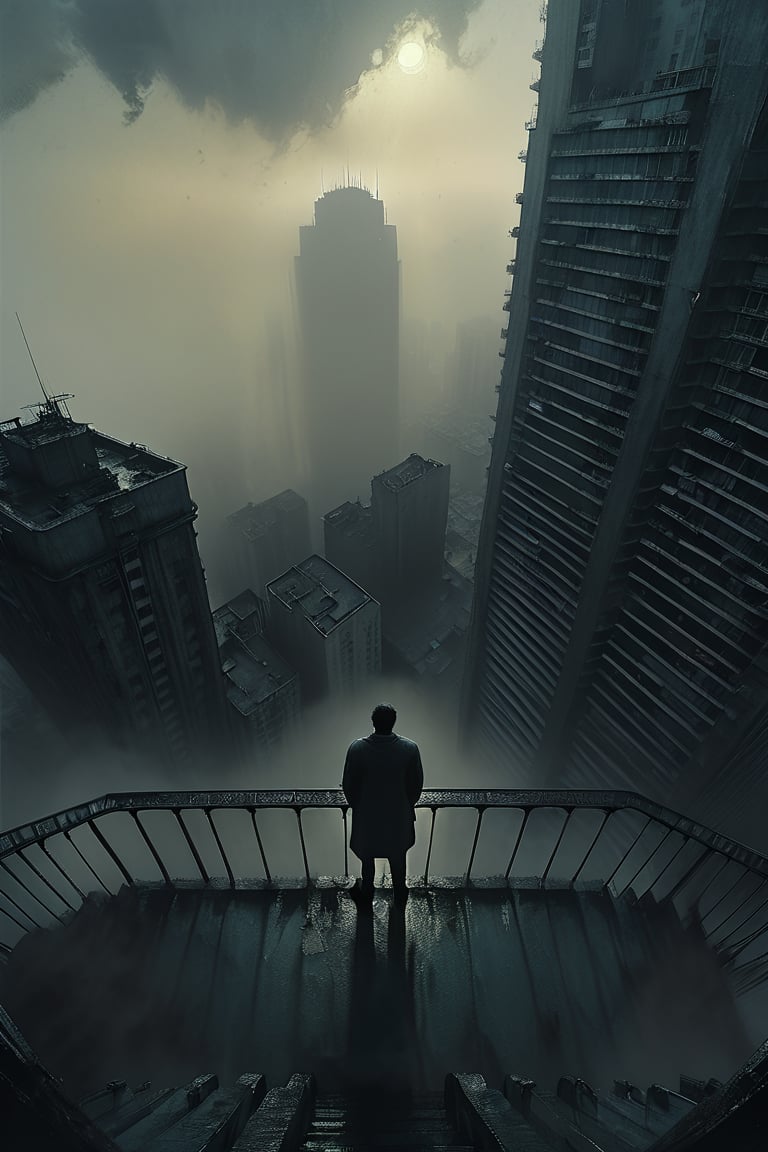  cloudy day, parkor person looking down at the street from balcony on top a giant sky scraper , looking down at streets bekbelo, , a strong fog near the building is seen overtaking the street below casting shadows, darkend sky, dark clouds, night time, art by ZdzisLaw Beksinski,
sharp focus, high quality, 4k high resolution,
dagobahlnd 