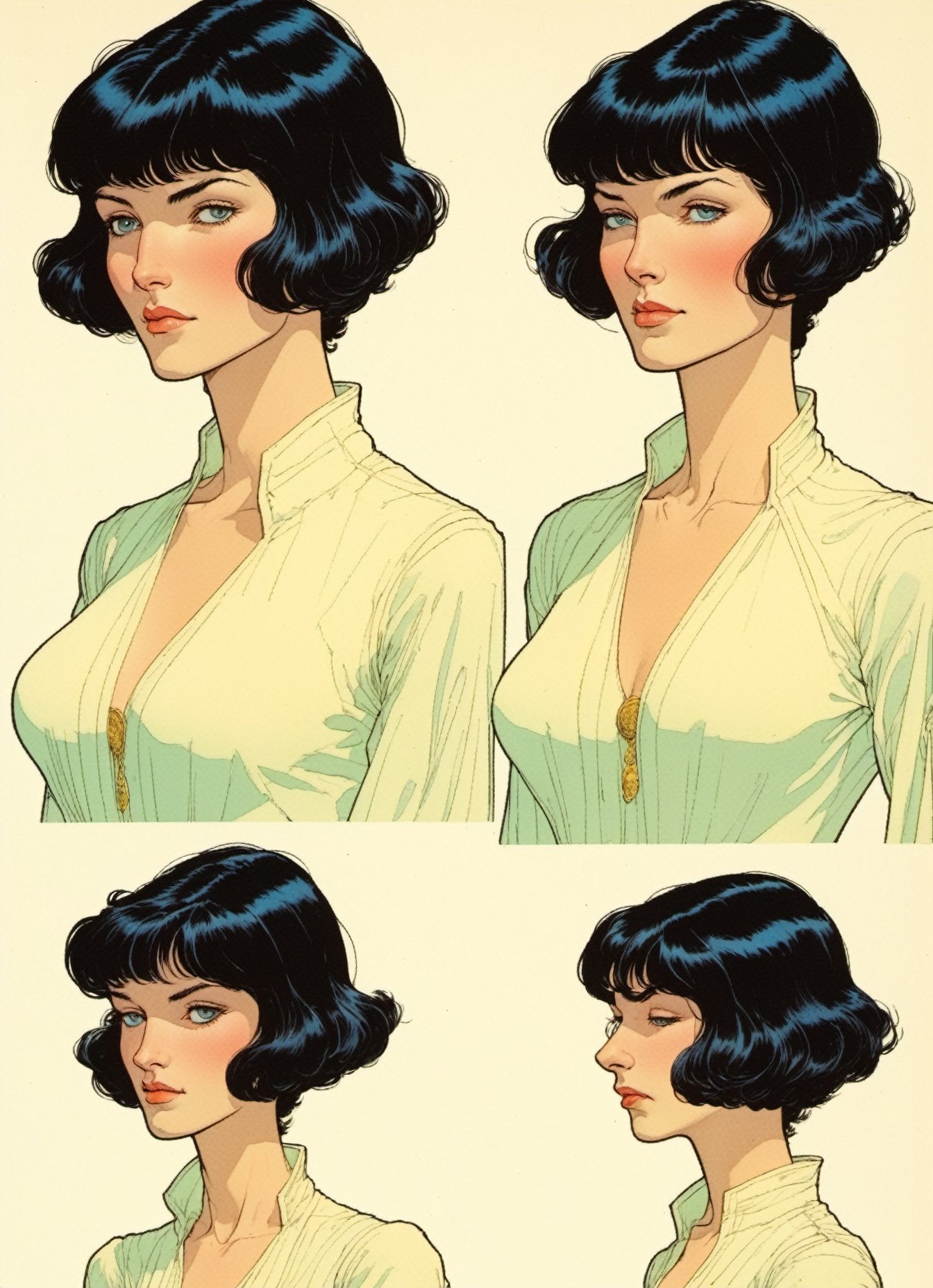 
Jean Giraud ((Moebius style)), Character Sheet, white pale skin Niamh Algar, short black hair, with a natural sheen, Multiple poses, (((side full body))), varieties expressions, Highly detailed, multiple views, photorealistic
 