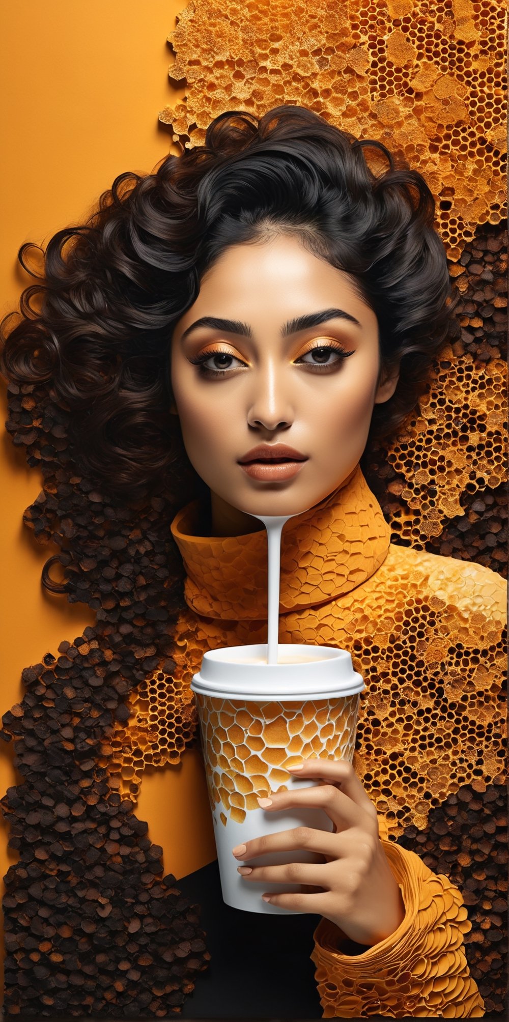 black and light orange colors, (((A degrated and burnt photo imatge))) of a stunningly digital work of an inverted honey comb pattern silhouette of a hiperrealistic and detailed Golshifteh Farahani with a steamy paper cup of coffee in her hand , 3d render, illustration, paintingv0.1, architecture, poster, typography, photo, 3d render, portrait photography