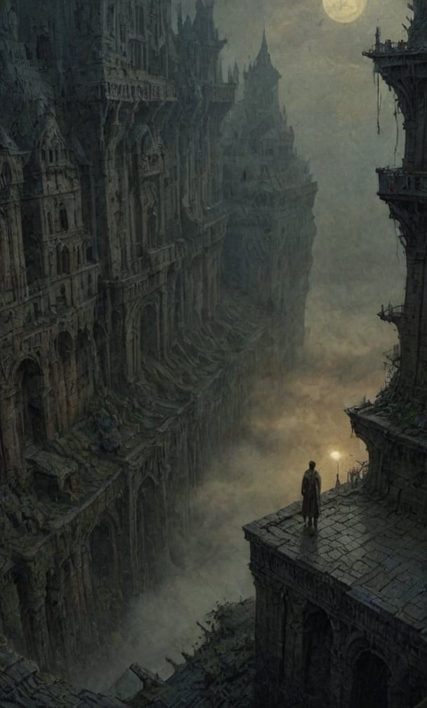  cloudy night, parkor person looking down from on top a giant balcony ,  labyrinth below, , a strong fog  is seen overtaking the labyrinthbelow casting shadows, blackness, dark clouds, night time, art by ZdzisLaw Beksinski, sharp focus, high quality, 4k high resolution, dagobahlnd, art by ZdzisLaw Beksinski,
sharp focus, high quality, 4k high resolution,
dagobahlnd 