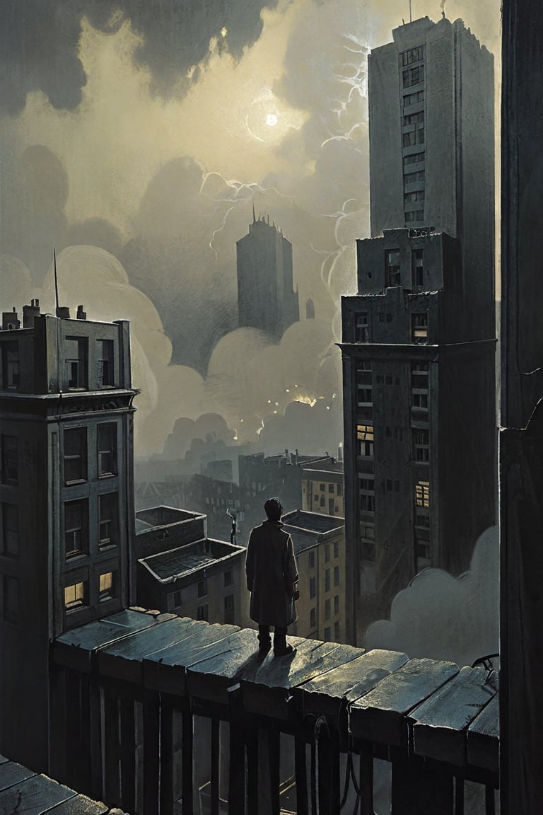  cloudy day, parkor person looking down at the street from balcony on top a giant sky scraper , looking down at streets bekbelo, , a strong fog near the building is seen overtaking the street below casting shadows, black sky, dark clouds, night time, art by ZdzisLaw Beksinski,
sharp focus, high quality, 4k high resolution,
dagobahlnd 