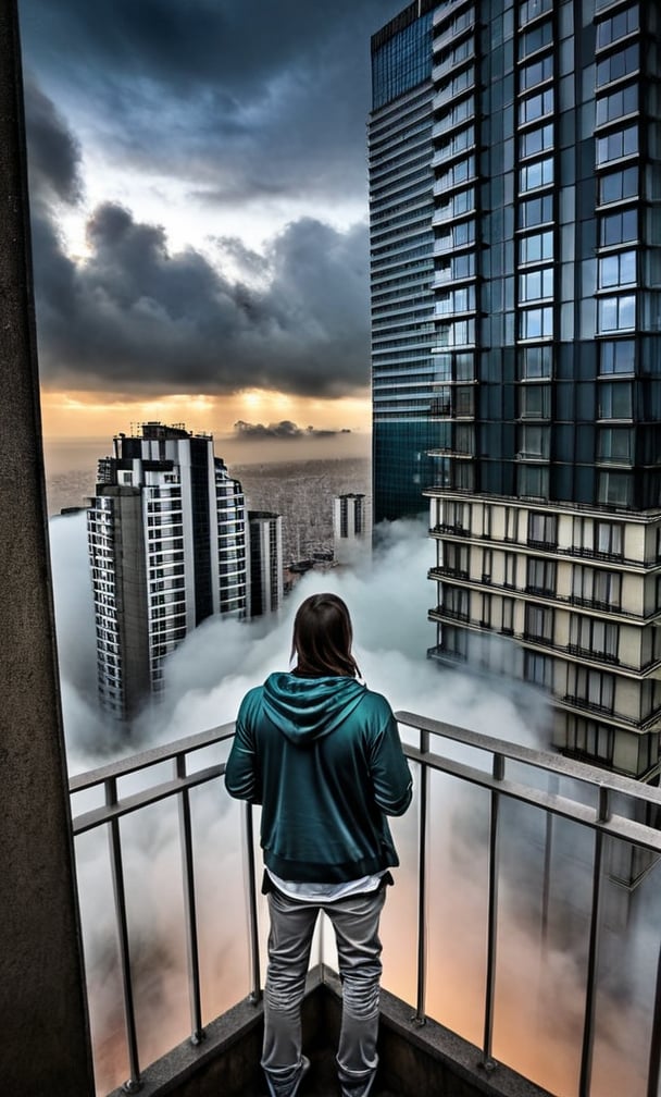 cloudy day, parkor person looking down at the street from balcony on top a giant sky scraper , looking down at streets bekbelo, , a strong fog near the building is seen overtaking the street below casting shadows, darkend sky, dark clouds, night time posted in mesmerizing 16K resolution