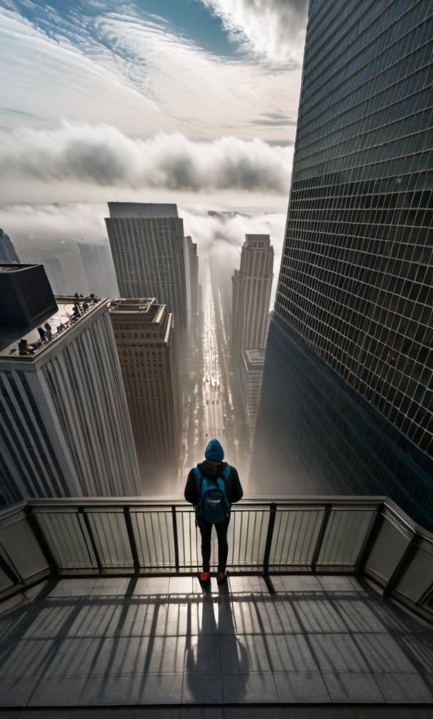 cloudy day, parkor person looking down at the street from balcony on top a giant sky scraper , looking down at streets bekbelo, , a strong fog near the building is seen overtaking the street below  casting shadows, darkend sky, dark clouds, night time
posted in mesmerizing 16K resolution