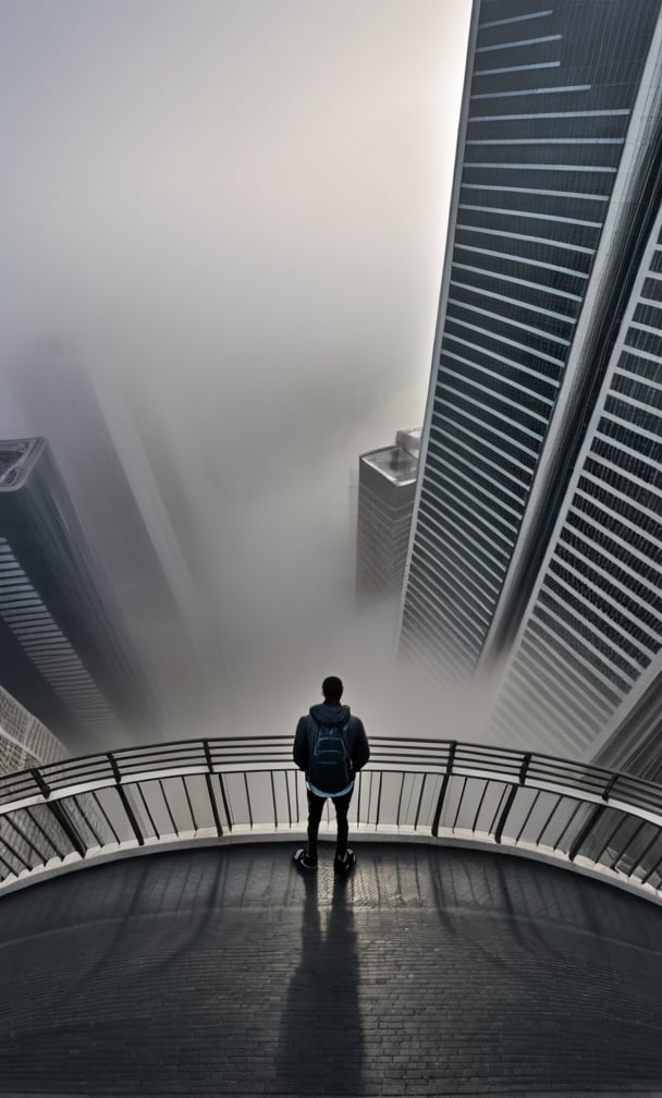 cloudy day, parkor person looking down at the street from balcony on top a giant sky scraper , looking down at streets bekbelo, , a strong fog near the building is seen overtaking the street below  casting shadows, darkend sky, dark clouds, night time
posted in mesmerizing 16K resolution