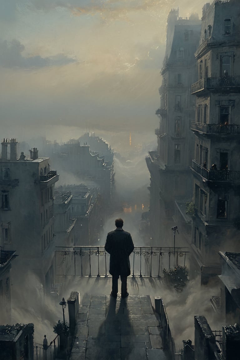  cloudy day, parkor person looking down at the street from balcony on top a giant sky scraper , looking down at streets bekbelo, , a strong fog near the building is seen overtaking the street below casting shadows, black sky, dark clouds, night time, art by ZdzisLaw Beksinski,
sharp focus, high quality, 4k high resolution,
dagobahlnd 