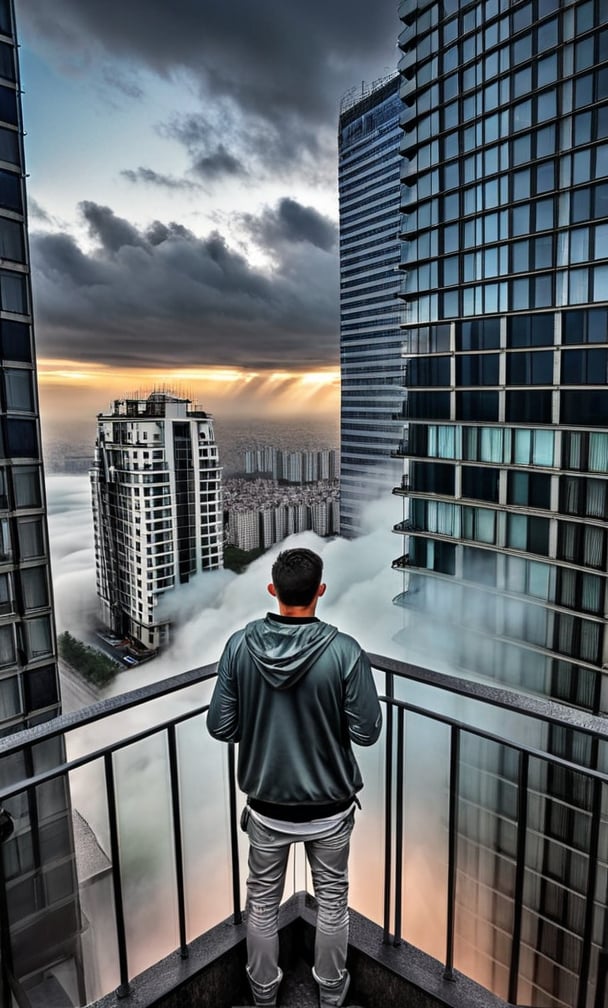 cloudy day, parkor person looking down at the street from balcony on top a giant sky scraper , looking down at streets bekbelo, , a strong fog near the building is seen overtaking the street below casting shadows, darkend sky, dark clouds, night time posted in mesmerizing 16K resolution