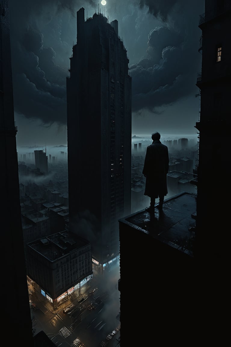  cloudy day, parkor person looking down at the street from balcony on top a giant sky scraper , looking down at streets bekbelo, , a strong fog near the building is seen overtaking the street below casting shadows, black sky, dark clouds, night time, art by ZdzisLaw Beksinski,
sharp focus, high quality, 4k high resolution,
dagobahlnd 