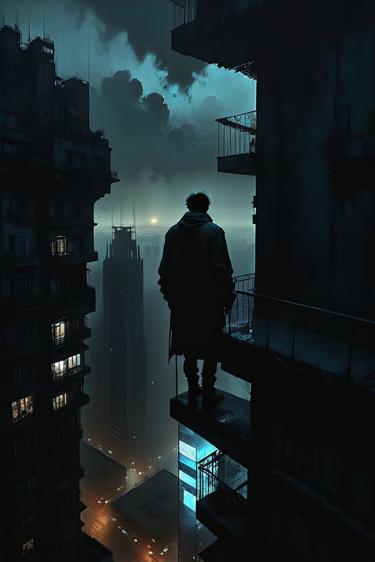  cloudy day, parkor person looking down at the street from balcony on top a giant sky scraper , looking down at streets bekbelo, , a strong fog near the building is seen overtaking the street below casting shadows, darkend sky, dark clouds, night time, art by ZdzisLaw Beksinski,
sharp focus, high quality, 4k high resolution,
dagobahlnd 