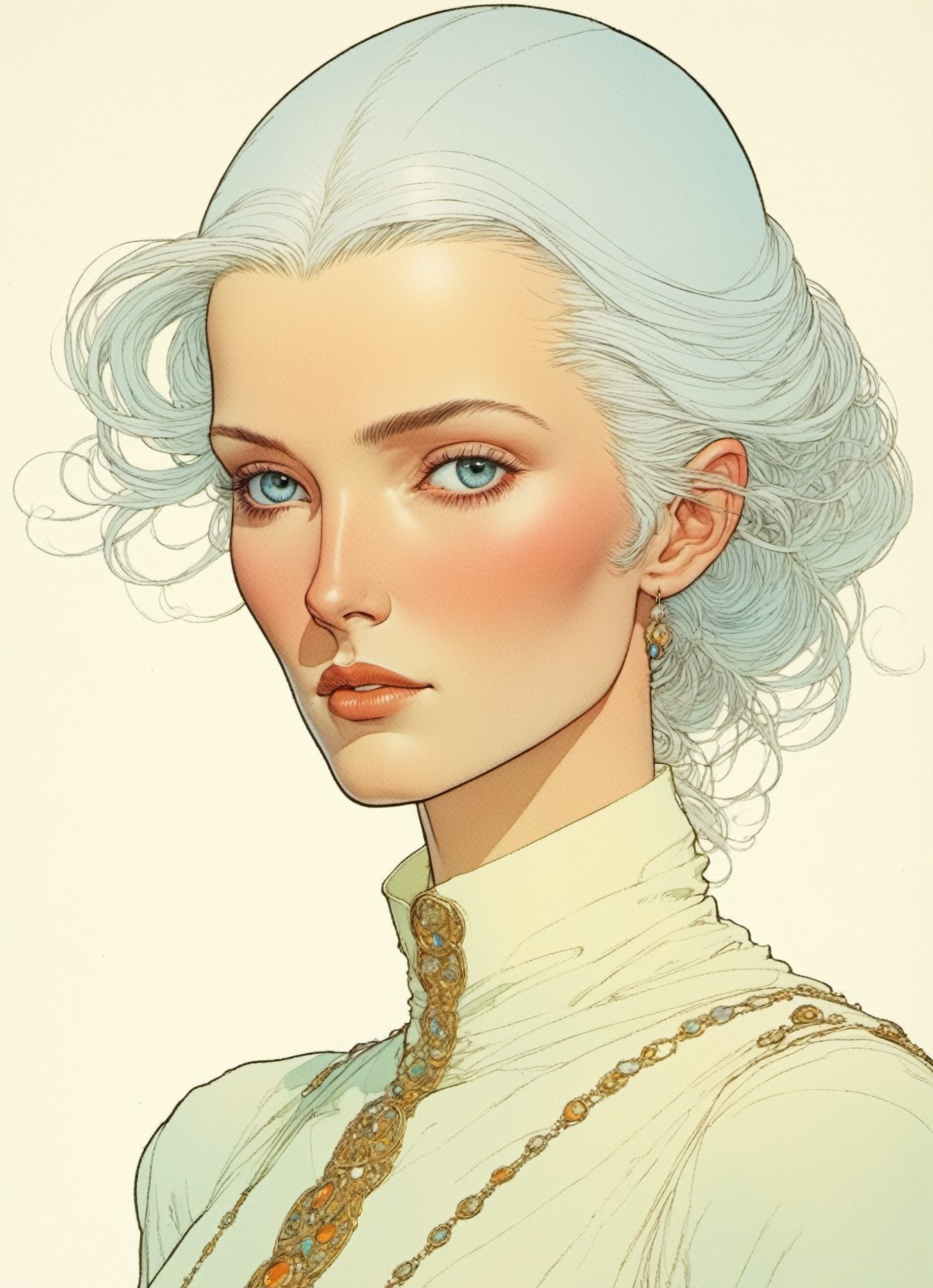 
Jean Giraud ((Moebius style)), CharacterSheet, white pale skin Niamh Algar , tall 6 feet tall , slightly raised eyebrows, (((delicate facial features))), short black hair, with a natural sheen, Multiple poses, (((side full body))), varieties expressions, Highly detailed, multiple views, photorealistic
 