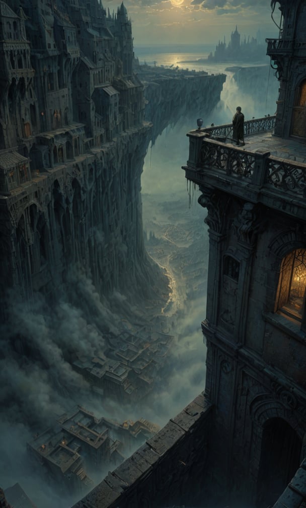  cloudy night, parkor person looking down from on top a giant balcony ,  labyrinth below, , a strong fog  is seen overtaking the labyrinthbelow casting shadows, blackness, dark clouds, night time, art by ZdzisLaw Beksinski, sharp focus, high quality, 4k high resolution, dagobahlnd, art by ZdzisLaw Beksinski,
sharp focus, high quality, 4k high resolution,
dagobahlnd 