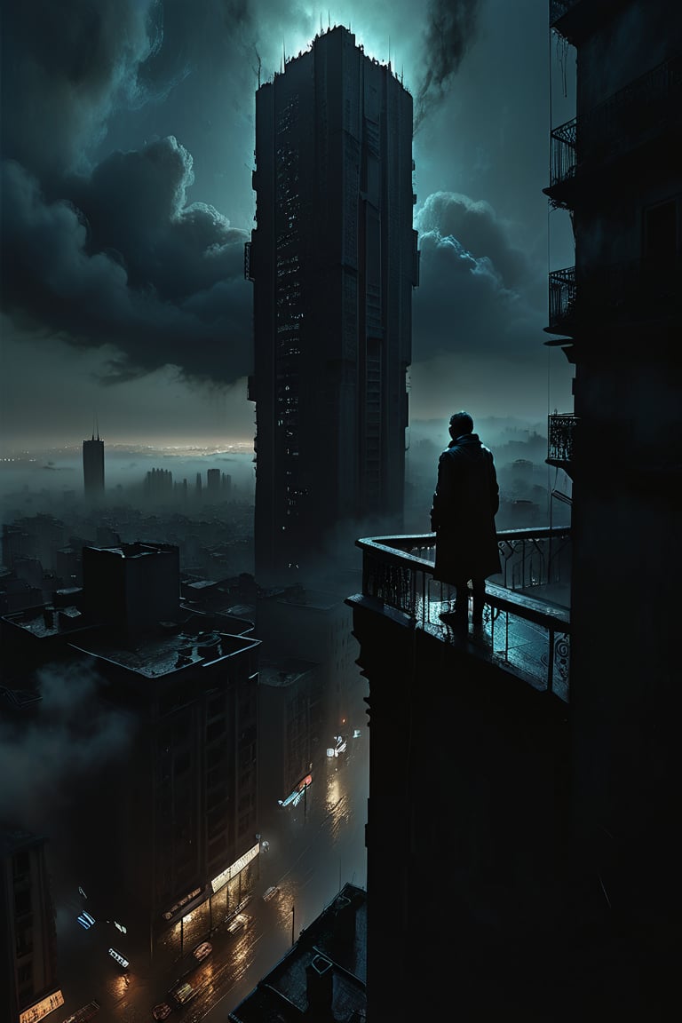  cloudy day, parkor person looking down at the street from balcony on top a giant sky scraper , looking down at streets bekbelo, , a strong fog near the building is seen overtaking the street below casting shadows, darkend sky, dark clouds, night time, art by ZdzisLaw Beksinski,
sharp focus, high quality, 4k high resolution,
dagobahlnd 