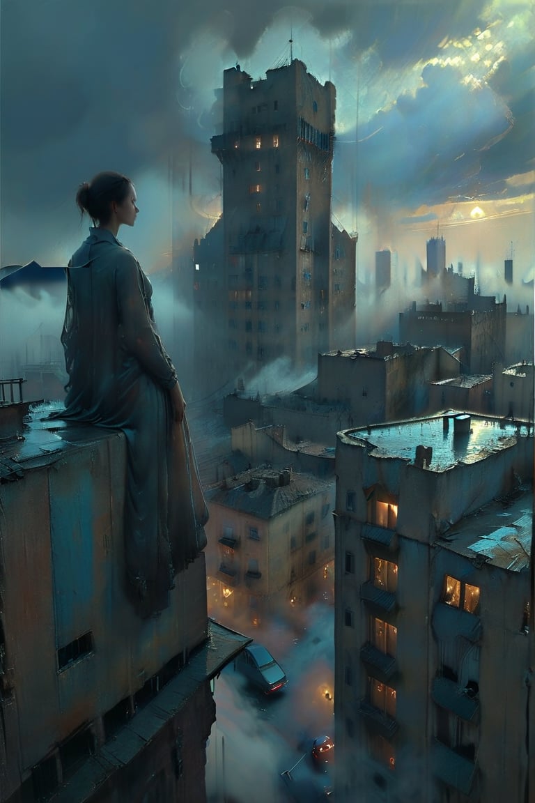  cloudy day, parkor person looking down at the street from balcony on top a giant sky scraper , looking down at streets bekbelo, , a strong fog near the building is seen overtaking the street below casting shadows, black sky, dark clouds, night time, art by ZdzisLaw Beksinski, sharp focus, high quality, 4k high resolution, dagobahlnd, art by ZdzisLaw Beksinski,
sharp focus, high quality, 4k high resolution,
dagobahlnd 