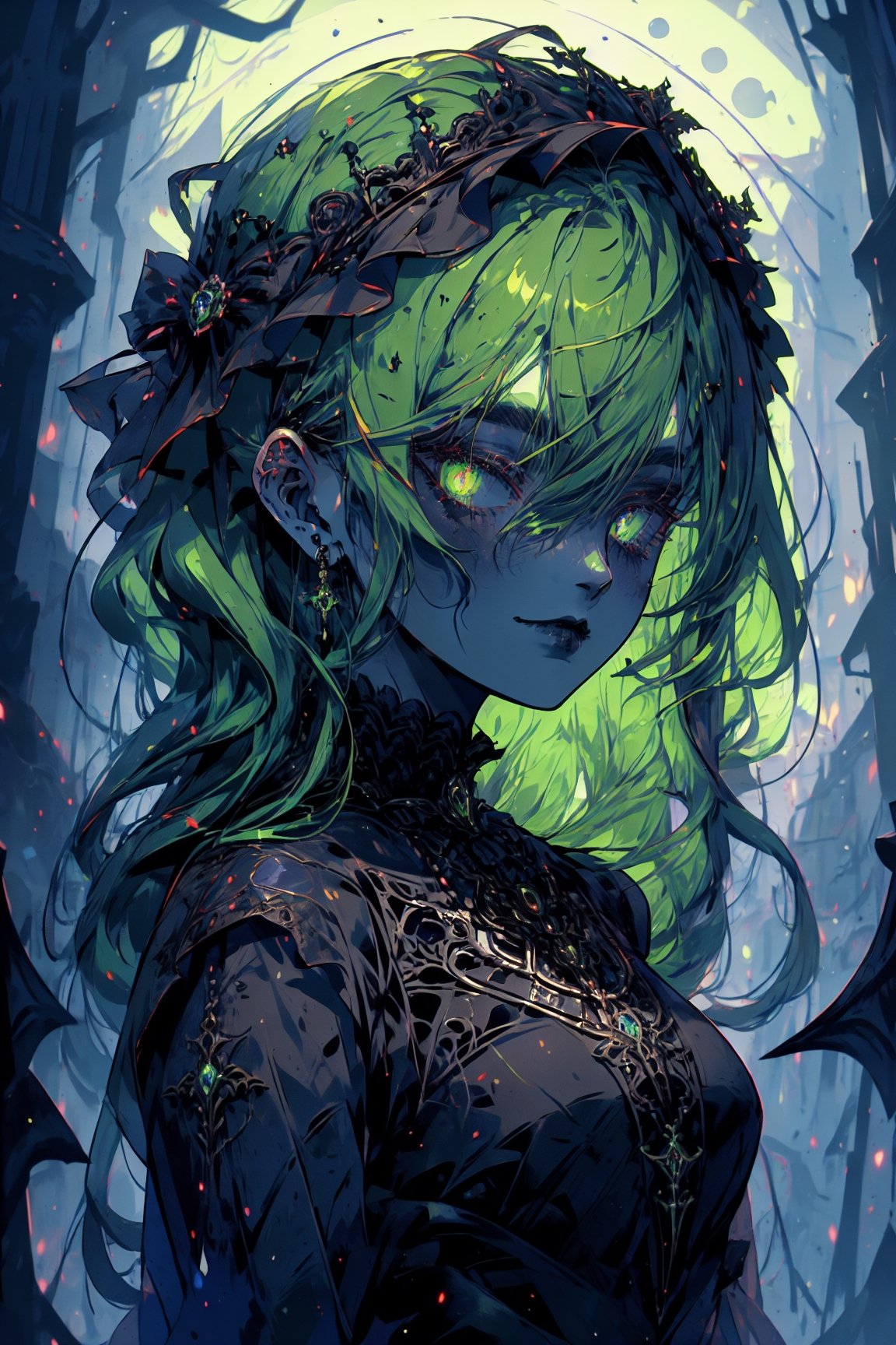 (masterpiece, best quality, highres:1.3), ultra resolution image, (1girl), female, (solo), green hair, eyes glinting, eerie charm, gothic, (spectral chic:1.4), cryptic, labyrinthine cemetery, gothic arches, elegance, (necropolis:1.5),glitter, ohterworldly energy, green wisps, undead maiden, moonlit paradise,  (mystic tranquility:1.3), realm of the decease, chaosmix