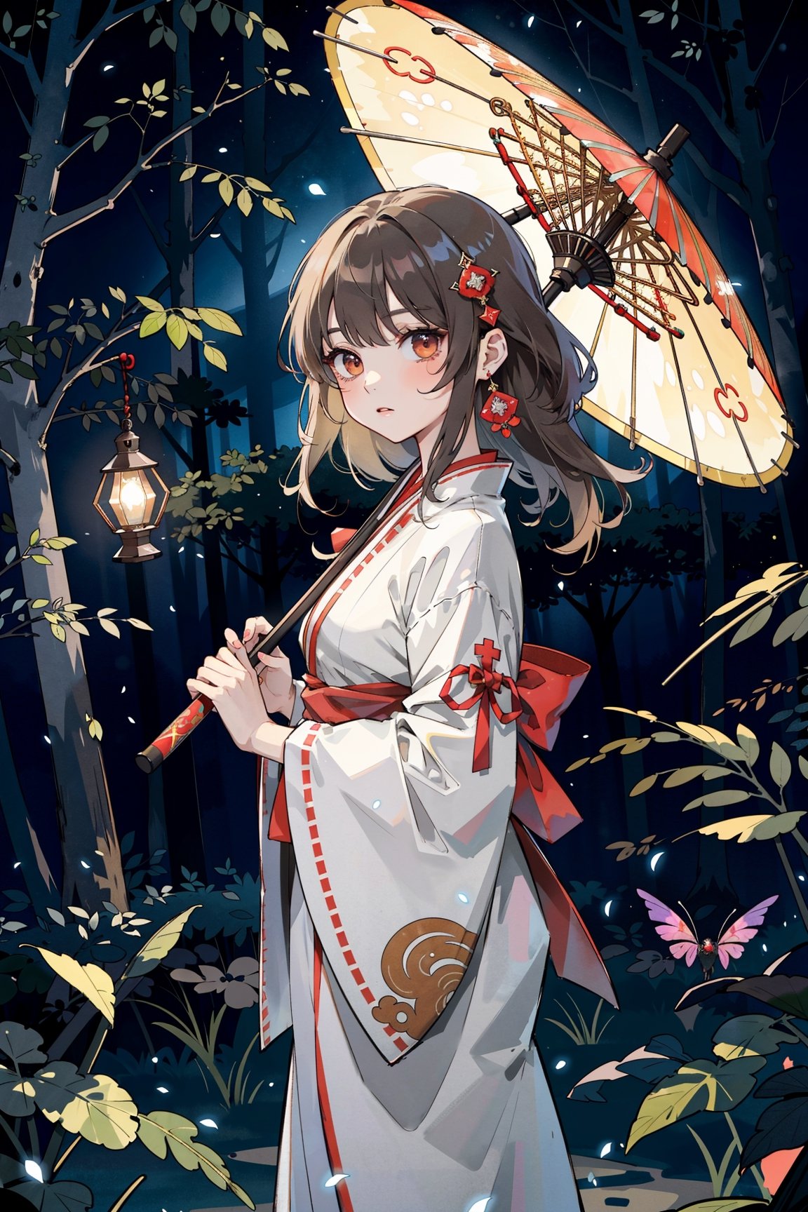 (masterpiece, best quality, highres:1.3), ultra resolution image, (1girl), (solo), kawaii, brown hair, night, miko, shrine maiden, shigai, traditional attire, shiny umbrella, kagura, (sacred grove:1.4), talisman, mist, serene mystery, sanctuary, sparkling magic, glowing ancient stone, shrine, old trees, beautiful lighting, mythical, spirit realm, spirit, glowing fireflies, (night time:1.2), calm, scenery, (simple background:1.3), trainquill expression, firefly of the light,