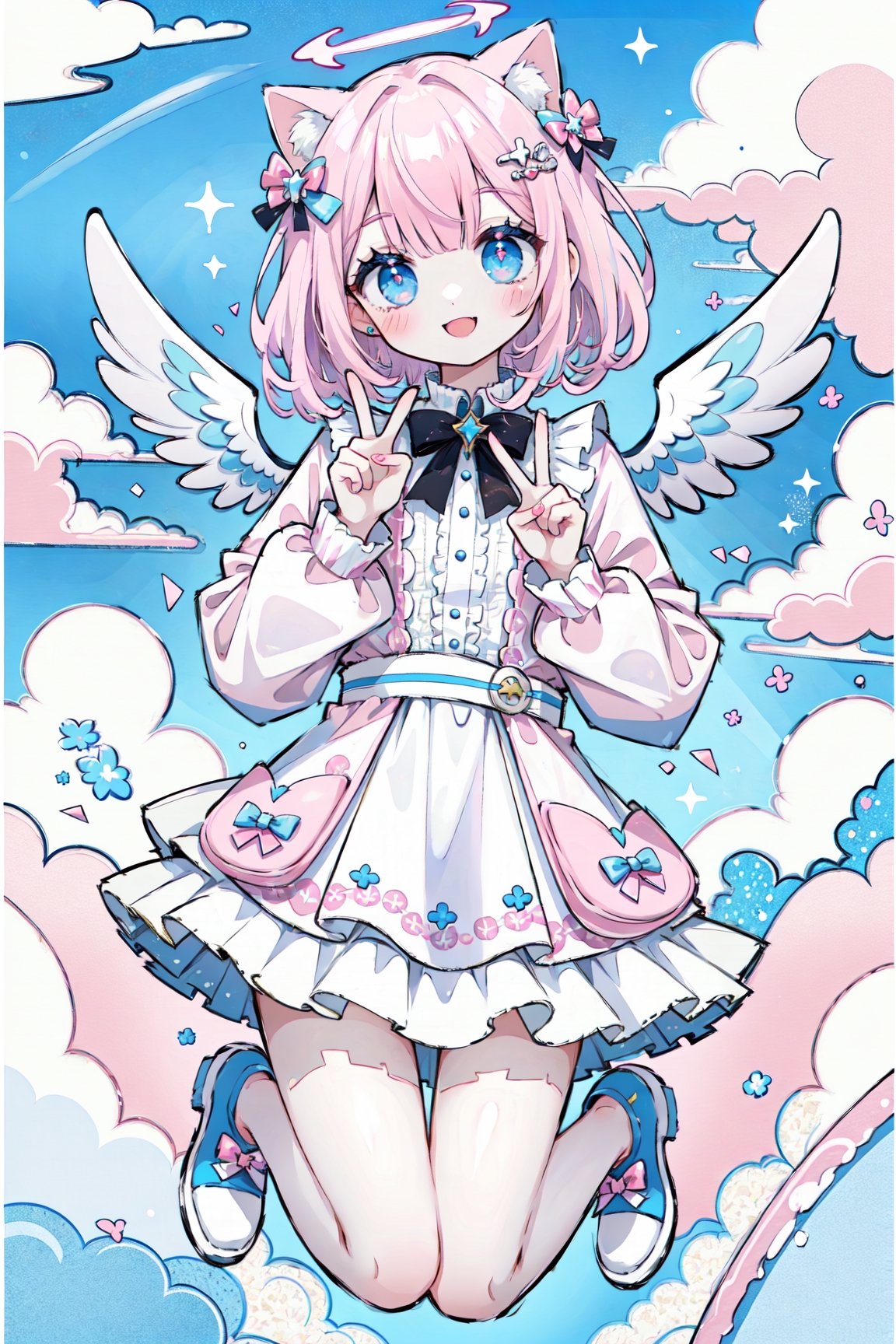 (masterpiece, best quality, highres:1.3), ultra resolution image, (1girl), (solo), kawaii, pink hair, cat, blue, outfit, rainbows, clouds, peace sign, smile, jump, halo, cotton candy, dreamy, happy, angel wings