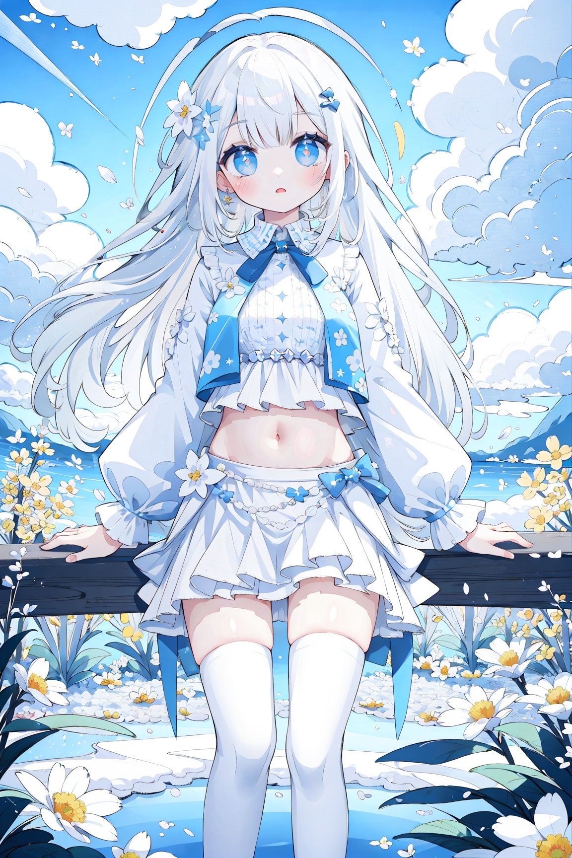 (masterpiece, best quality, highres:1.3), ultra resolution image, (1girl), (solo), kawaii, white hair, long hair, navel, white legwear, outdoors, clouds, flowers, beautiful lighting