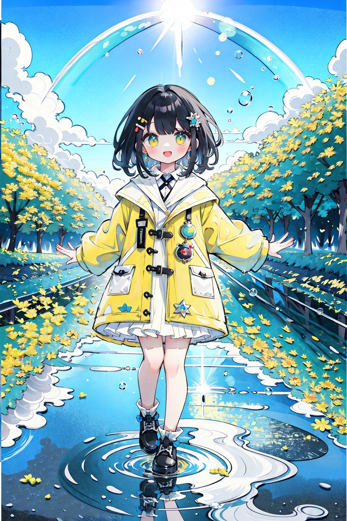 (masterpiece, best quality, highres:1.3), ultra resolution image, (1girl), (solo), kawaii, accessories, black hair, yellow raincoat, rainbows over head, fluffy, blue sky, soft, (cute background:1.2) joyful, happy, water reflections, water droplets, walking on water, beautiful light, sunlight, childlike, (focus on charater:1.3)