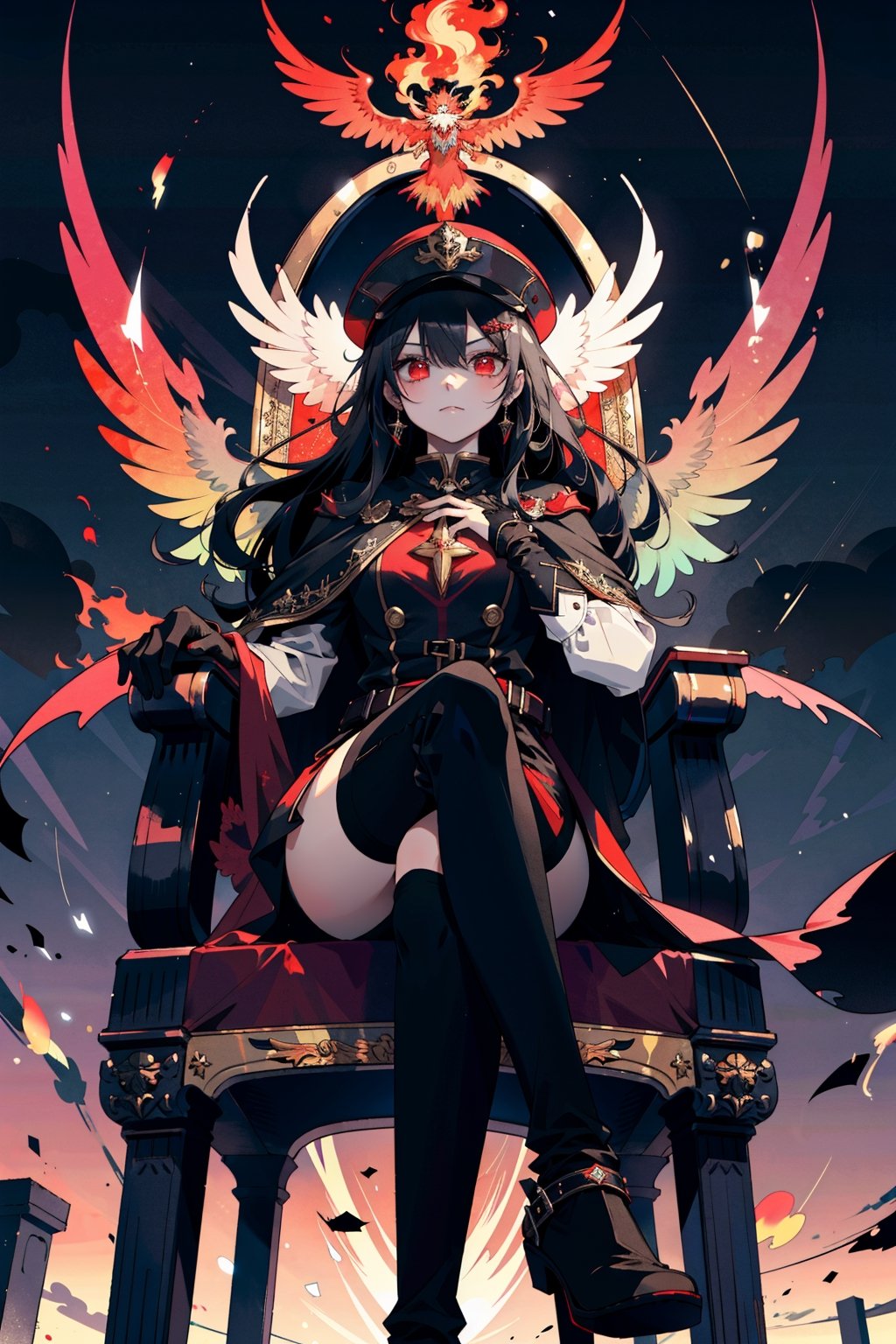 (masterpiece, best quality, highres:1.3), ultra resolution image, (1girl), (solo), kawaii, black hair, long hair, red eyes, captain hat, leader outfit, cape, glove, fierce, smug, confident, fantasy, throne, cross legged, guards, red carpet, phoenix flame, scenery, heroic conquest, majestic, ancient,r1ge, magical realm, mythical, endless sky, grave sword, cold hearted eyes