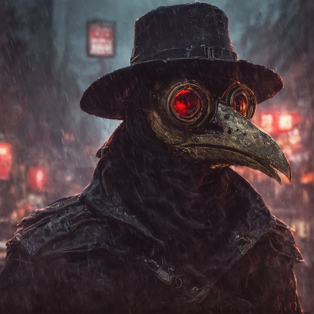  image of plague doctor in cyberpunk theme , out side of dark creepy  cyberpunk town  , dark horror theme, LegendDarkFantasy , red light in plague doctor mask glasses, sharp curvy golden beak , rainy