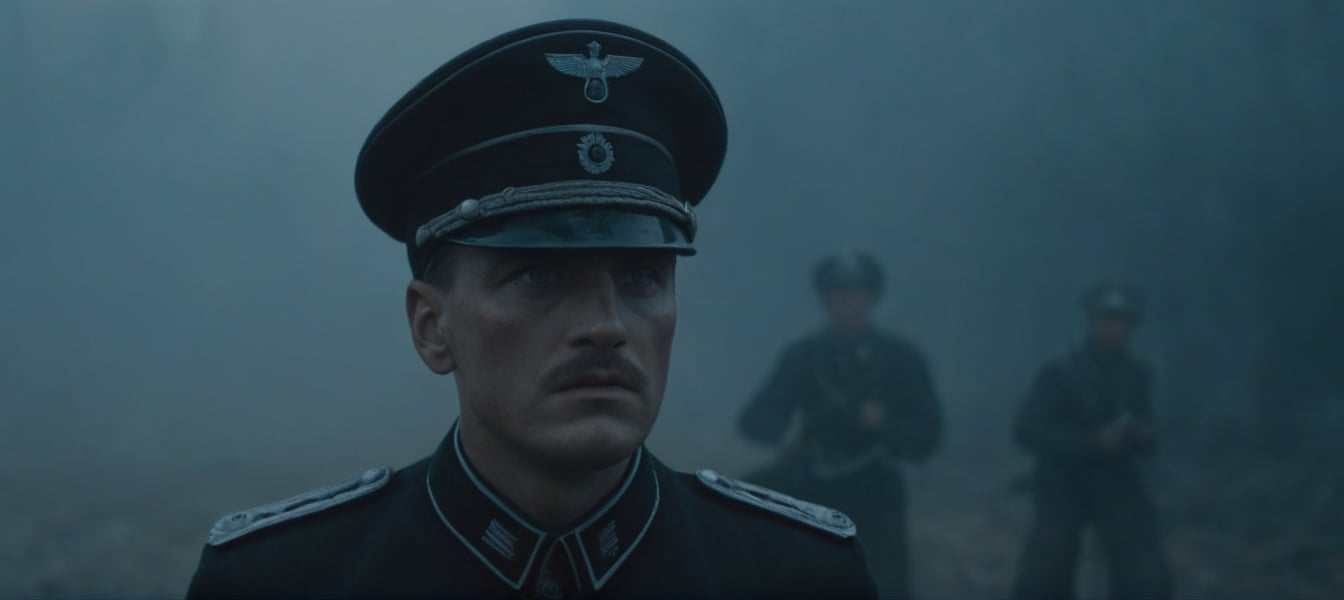 A  German SS officer stands tall in a dimly lit, dark chaos of war raging outside, his face etched with determination, surrounded mist ,and horror