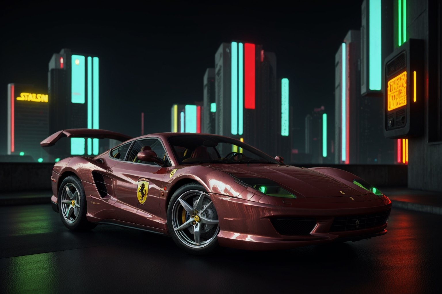 Ferrari testarossa red color metallic, cyberpunk, realistic render, star war ambient, star war style, futuristic  night city, akira style, neon ilumination
,modernvilla