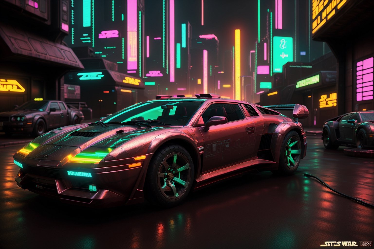 Lamborgini diablo red color metallic, cyberpunk, realistic render, star war ambient, star war style, futuristic  night city, akira style, neon ilumination
