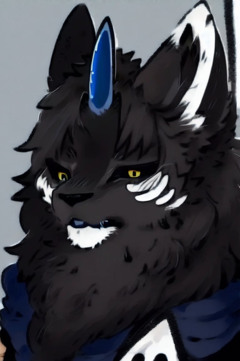 "A solo male figure stands nude,His calves to feet and hands to forearms are white, gazing directly at the viewer with an intimate gaze. His body is covered in gray-black fur, similar to a dog's, with midnight blue horns on his forehead and wolf ears protruding from his head. The upper part of his left ear is white, and his lower jaw is also white. Two white lines adorn each cheek, and his eyes are black with light brown irises. His tail, resembling a lion's, is black with a white tuft at the end. He sits comfortably, showcasing his thighs and stomach, as well as his navel and nipples, which are not hidden by his furry physique."

"1boy, male focus, solo, bara, ass, muscular male, tail, furry, muscular,  furry male, thighs, looking at viewer, thick thighs,  pectorals, claws"
"(The face is all gray and black)"
"(Yellow eyes, black sclera)"
"(The end of his left ear is white and accounts for one-third of the entire ear.)"
"(There are two white lines on the left and right cheeks)"
("Below the knees is white fur")
("Elbow to palm are all white")
("black belly, black body")
("His right ear is gray-black")
("The whole foot is white")
("The whole hand is white")
("The hands and feet are white")
("The four white lines on the face are thick")
("The hair at the end of the tail mane is white, and the rest is gray-black.")
("The hair at the end of the tail mane is white, and the rest is gray-black.")
("The hair at the end of the tail mane is white, and the rest is gray-black."),diting