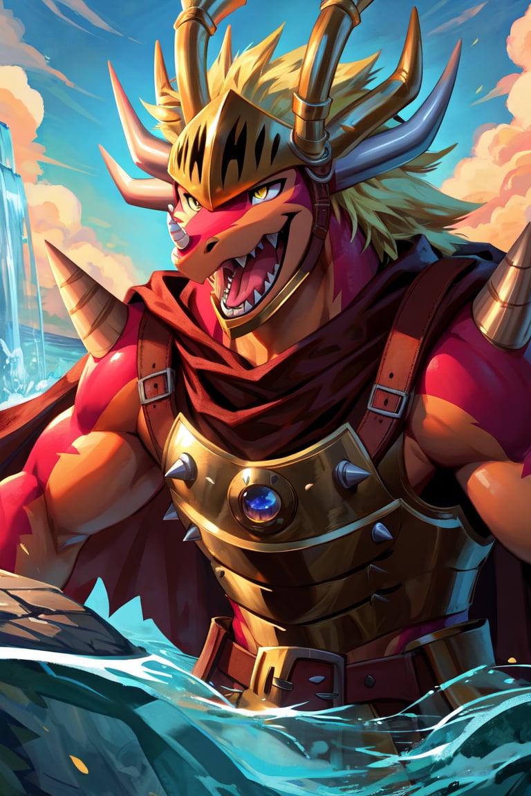 1boy, male focus, horns, armor, solo, furry, sharp teeth, furry male, teeth, open mouth, cape, blonde hair, closed eyes, upper body, breastplate, helmet, smile,shoulder armor, red cape, spikes, muscular, fangs
horns, dragon, yellow eyes, open mouth, no humans, solo, water, claws, teeth, sharp teeth, 1boy, tail,
Cute illustration style
