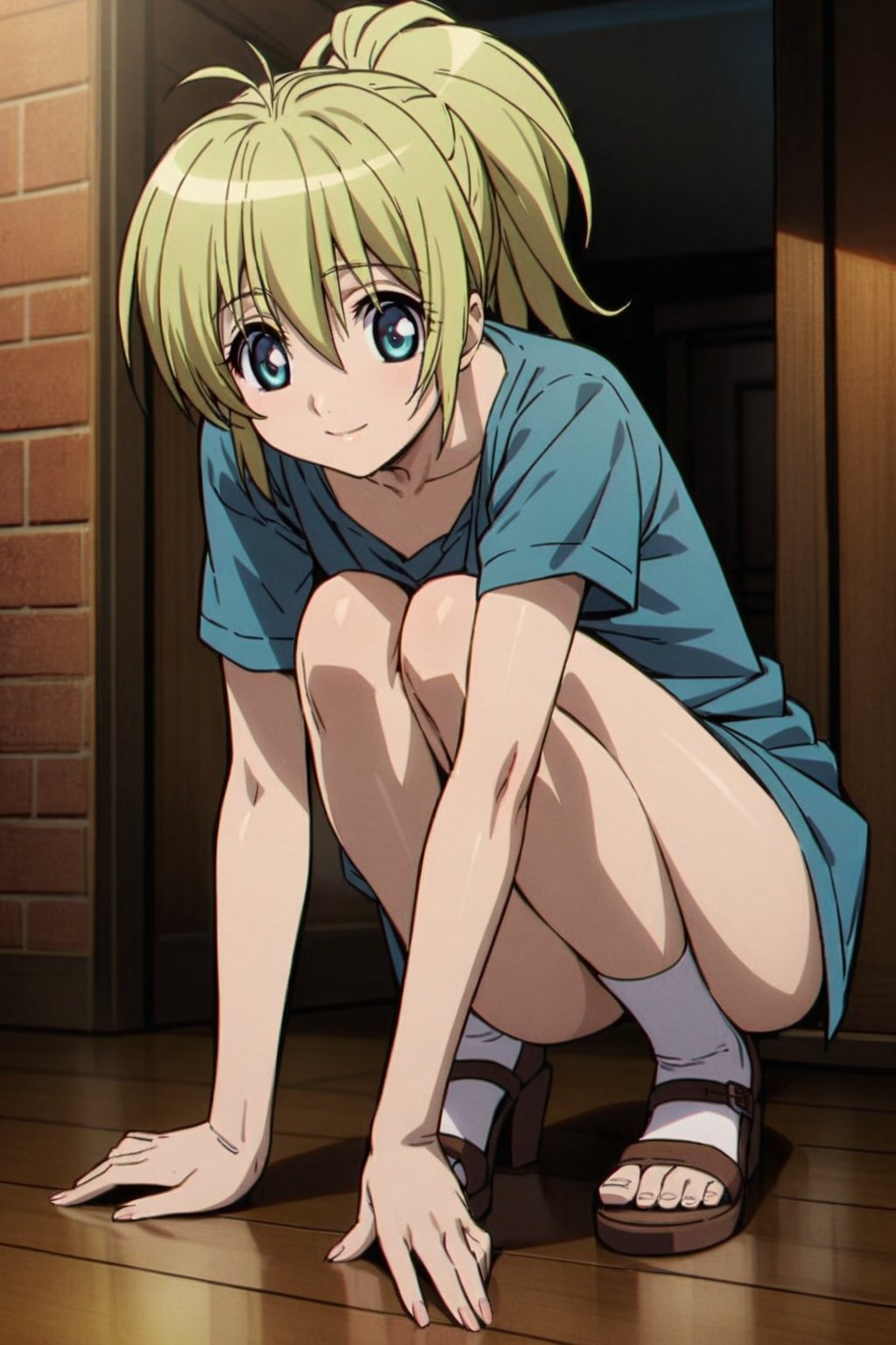 highly detailed masterpiece beautiful 1 girl lolly anime waiting looking down crouched very happy both eyes open blue eyes blonde hair full body