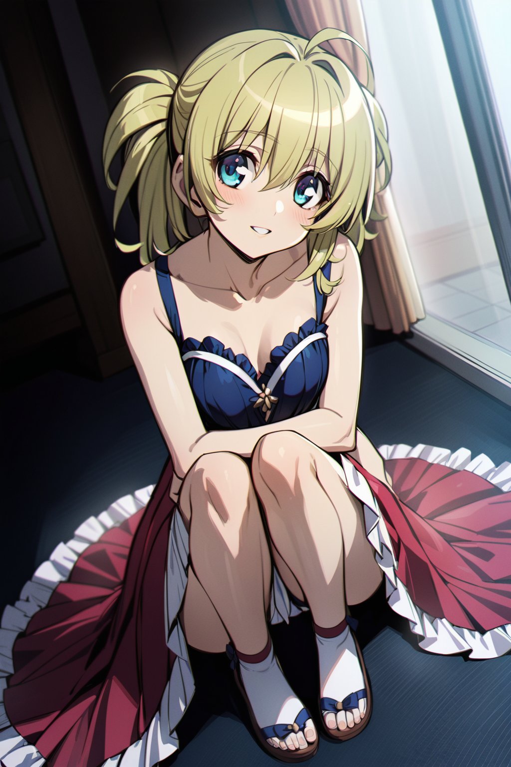 highly detailed masterpiece beautiful 1 girl lolly anime waiting looking up very happy both eyes open blue eyes blonde hair full body