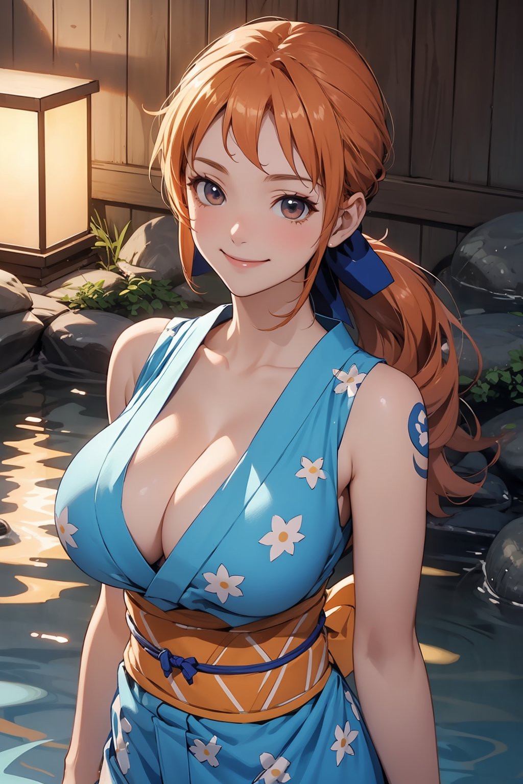 , opn4m1k1m0n0, 2d, masterpiece, best quality, anime, cowboy shot, smile, kimono, obi, hair bow,sleeveless ,cleavage,large_breast,lewd,ponytail, onsen, high cut,score_9