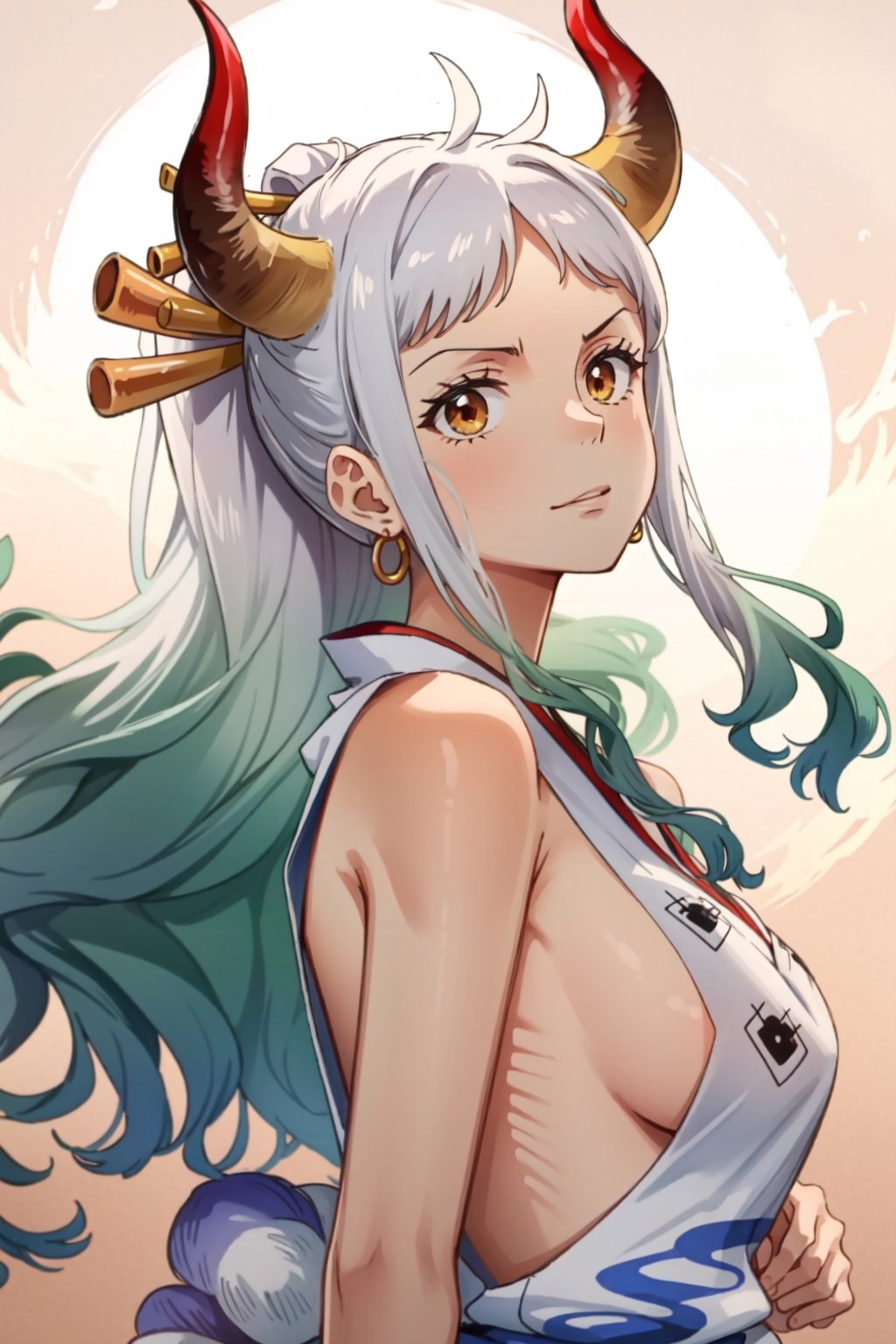 (masterpiece), yamato one piece, seducing viewer, large breasts, sleeveless white kimono, curled horns, lewd pose, seductive_pose, sideboobs, side_view,yamato\(one piece\),multicolored hair,YamatoV2,white hair,yamato,One piece style,green hair, oni horn, oni horn ,colored horn