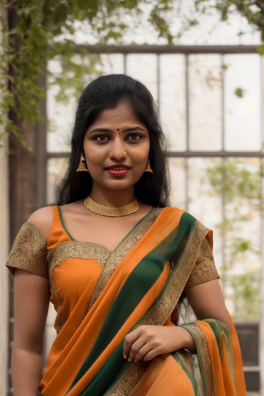 Full portrait of beautiful Indian woman in white colour kurti, Indian flag tricolour dupatta , glamorous bold makeup, vibrant red detailed lips, beautiful eyes, elegant pose, ultra realistic, 8k, realistic, cinematic lighting, looking at camera ,hyper detail ,happy looks,Praval,photorealistic, housewife, bright white skin,salwar, <your_color> dress, embroidery,wearing wrenchpjbss, shoulder length hair 