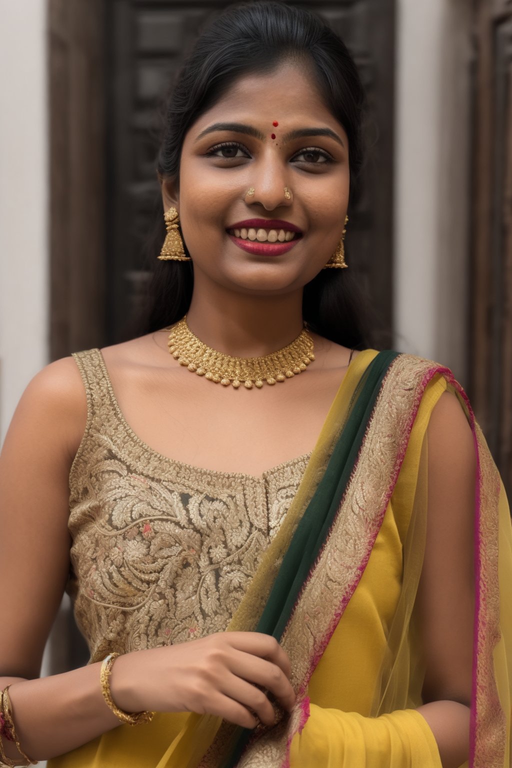 Full portrait of beautiful Indian woman in white colour kurti, tricolour dupatta , glamorous bold makeup, vibrant red detailed lips, beautiful eyes, elegant pose, ultra realistic, 8k, realistic, cinematic lighting, looking at camera ,hyper detail ,smiley looks,Praval,photorealistic, housewife, bright white skin,salwar, <white> dress, embroidery,wearing wrenchpjbss, shoulder length hair 