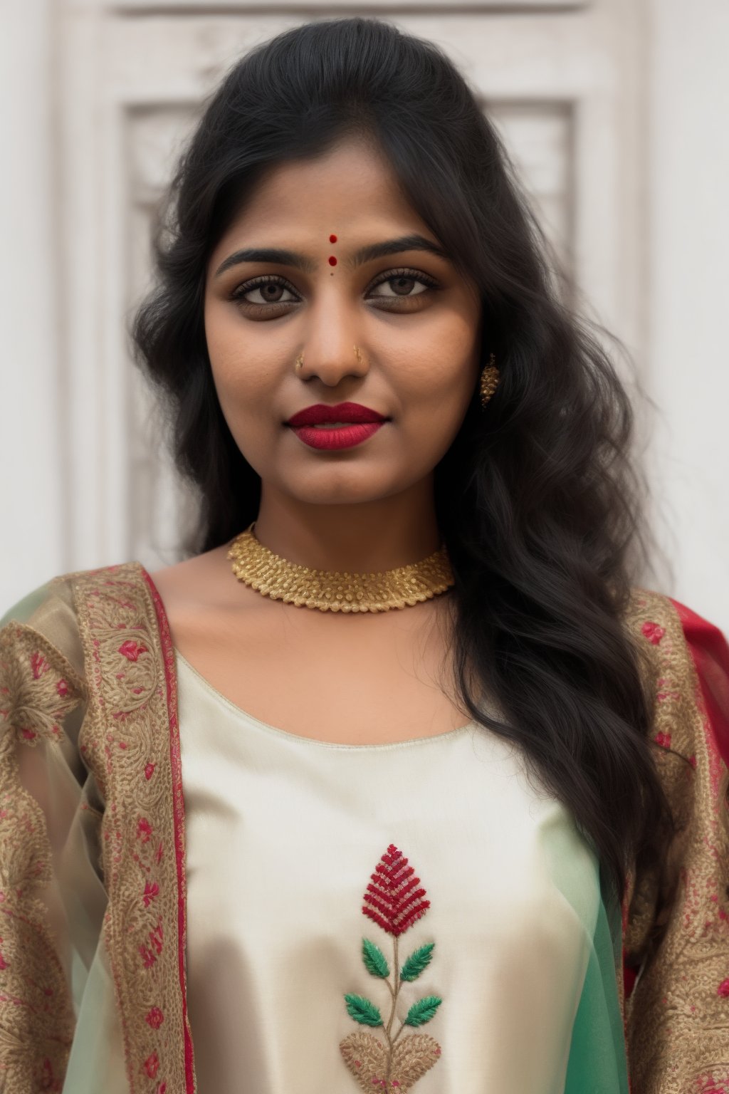 Full portrait of beautiful Indian woman in white colour kurti, Indian flag tricolour dupatta , glamorous bold makeup, vibrant red detailed lips, beautiful eyes, elegant pose, ultra realistic, 8k, realistic, cinematic lighting, looking at camera ,hyper detail ,happy looks,Praval,photorealistic, housewife, bright white skin,salwar, <your_color> dress, embroidery,wearing wrenchpjbss