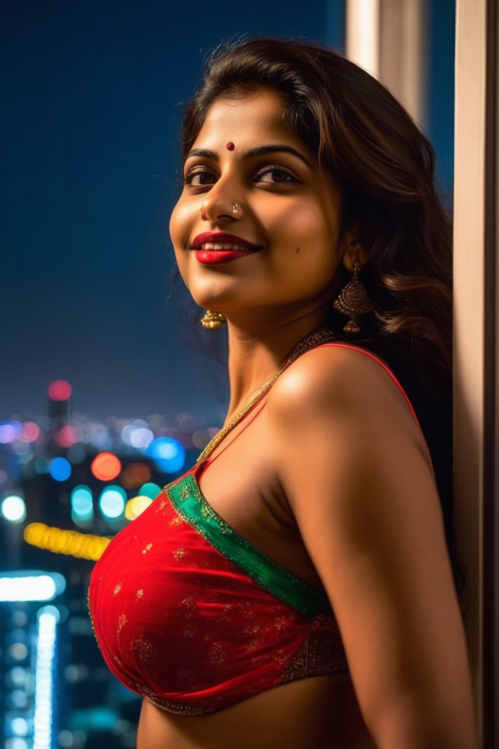 best quality, masterpiece, ultra high res, (photorealistic:1.4), RAW photo, 1 girl, detailed beautiful face, detailed beautiful eyes, wavy hair, round face, (nipples:1.3), small breast, (nude), cleavage, side-tie panties, (public hair), nsfw, smile, city night view, neon, skyscraper, window, housewife,Praval, masterpiece, 8k , hdr, realistic, ultra beautiful,Indian aunty, bold makeup, beautiful red lips