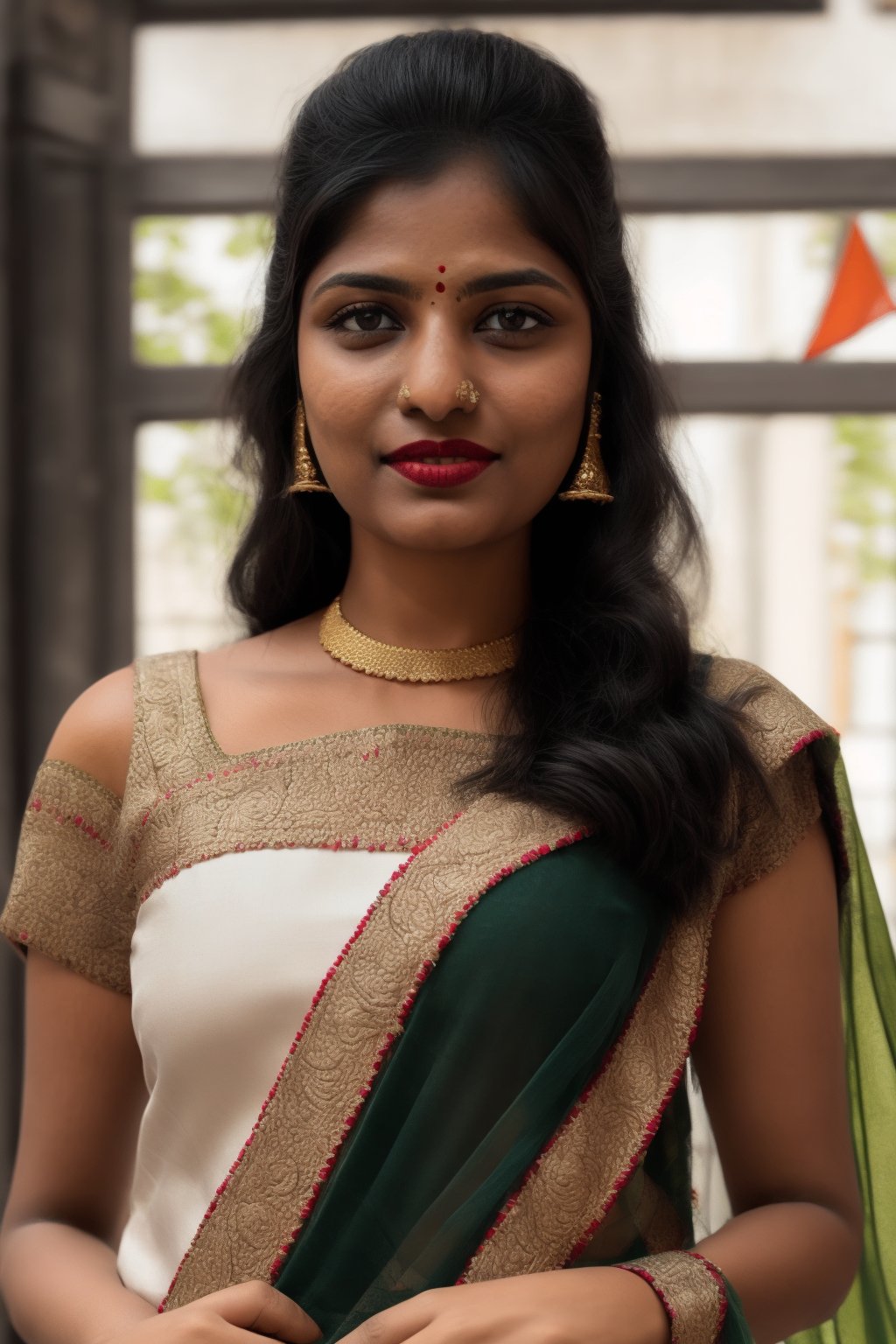 Full portrait of beautiful Indian woman in white colour kurti, Indian flag tricolour dupatta , glamorous bold makeup, vibrant red detailed lips, beautiful eyes, elegant pose, ultra realistic, 8k, realistic, cinematic lighting, looking at camera ,hyper detail ,happy looks,Praval,photorealistic, housewife, bright white skin,salwar, <your_color> dress, embroidery,wearing wrenchpjbss, shoulder length hair 