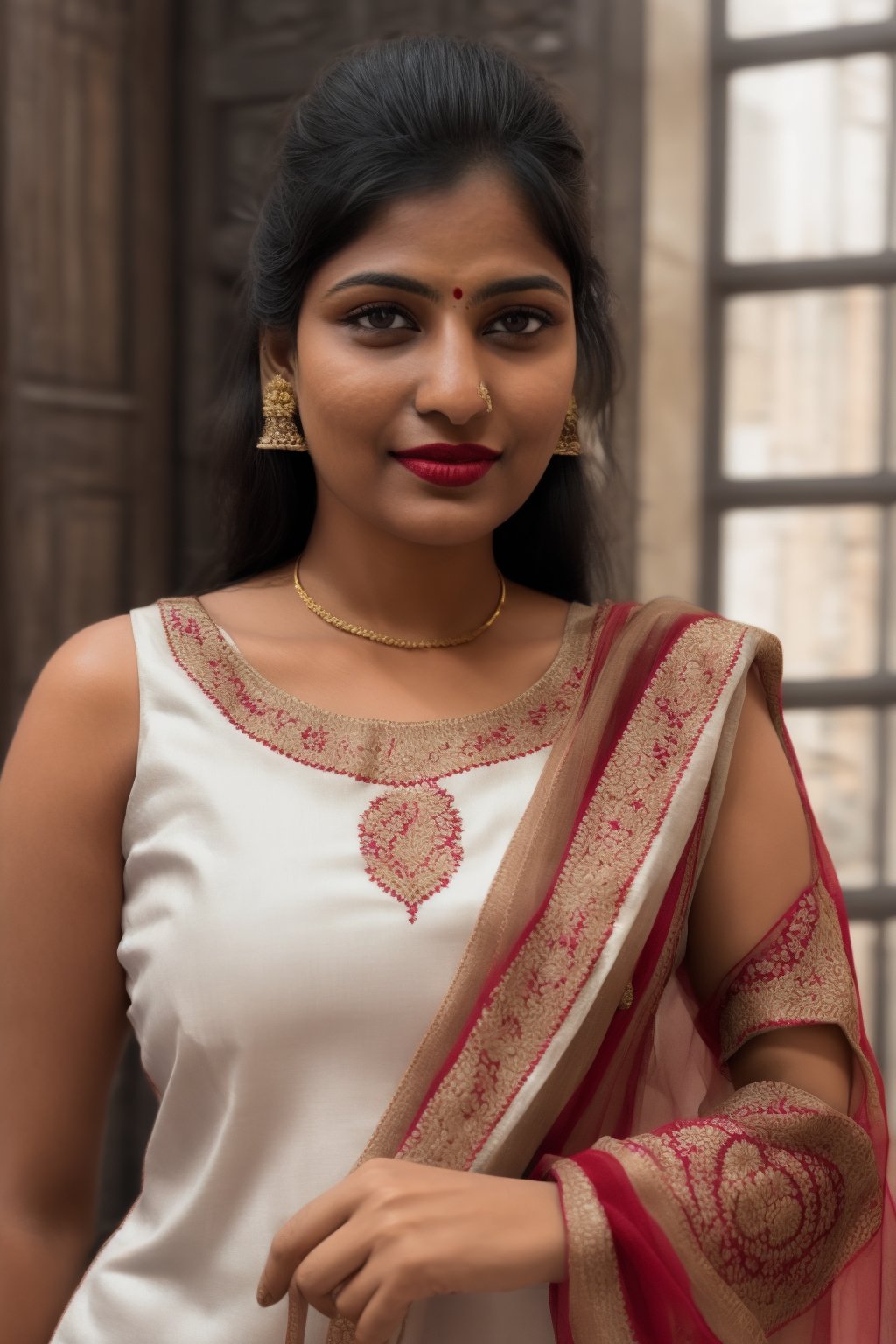 Full portrait of beautiful Indian woman in white colour kurti, tricolour dupatta , glamorous bold makeup, vibrant red detailed lips, beautiful eyes, elegant pose, ultra realistic, 8k, realistic, cinematic lighting, looking at camera ,hyper detail ,happy looks,Praval,photorealistic, housewife, bright white skin,salwar, <your_color> dress, embroidery,wearing wrenchpjbss, shoulder length hair 