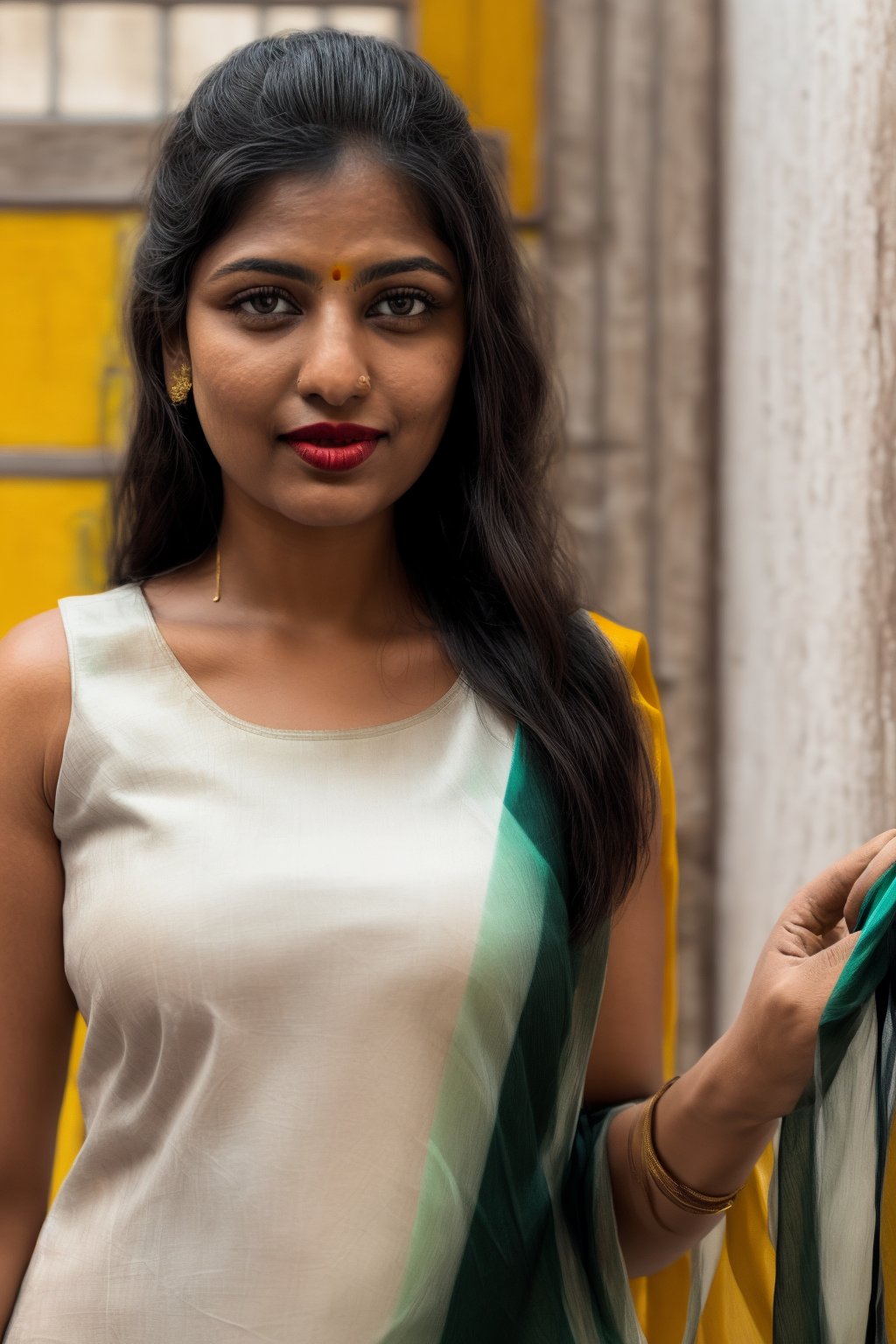 Full portrait of beautiful Indian woman in plain white colour proper sleeveless kurti, ((Indian tricolour saffron, white, green dupatta)) , glamorous bold makeup, vibrant red lips, beautiful black eyes, elegant pose, ultra realistic, 8k, realistic, natural lighting, looking at camera ,hyper detail,Praval,photorealistic, housewife, bright white skin,salwar,wearing wrenchpjbss, <your_color> dress, happy,, close up photo , ((closed_mouth)), Independence Day primary school background 