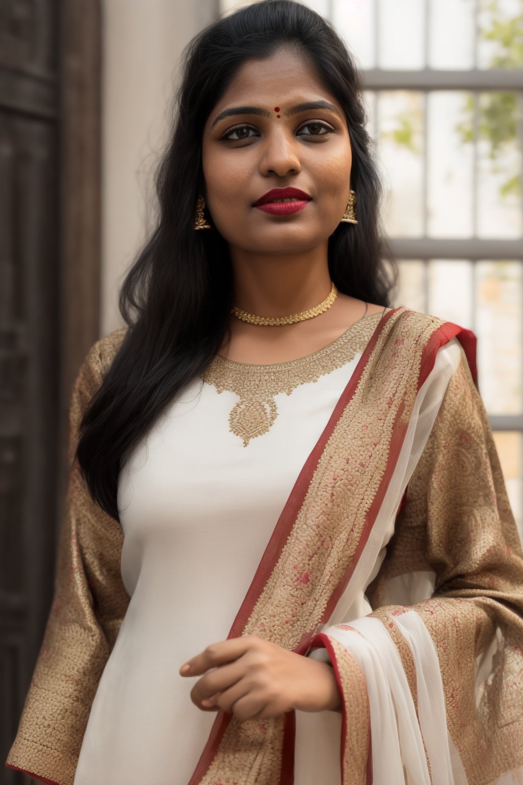 Full portrait of beautiful Indian woman in white colour kurti, tricolour dupatta , glamorous bold makeup, vibrant red detailed lips, beautiful eyes, elegant pose, ultra realistic, 8k, realistic, cinematic lighting, looking at camera ,hyper detail ,happy looks,Praval,photorealistic, housewife, bright white skin,salwar, <your_color> dress, embroidery,wearing wrenchpjbss