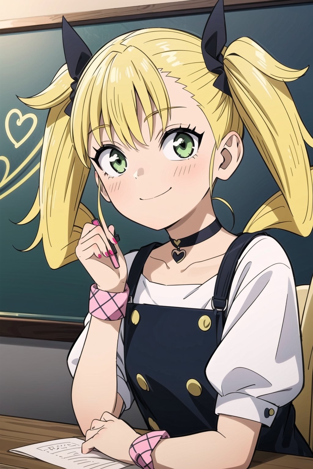 1girl, solo, long hair, looking at viewer, blush, smile, bangs, green eyes, shirt, dress, bow, twintails, closed mouth, collarbone, white shirt, upper body, green hair, braid, short sleeves, heart, choker, puffy sleeves, collared shirt, indoors, nail polish, black dress, twin braids, puffy short sleeves, wrist cuffs, hands up, low twintails, black choker, hair intakes, scrunchie, wrist scrunchie, chalkboard, heart choker,petite,sitting girl,kikoru